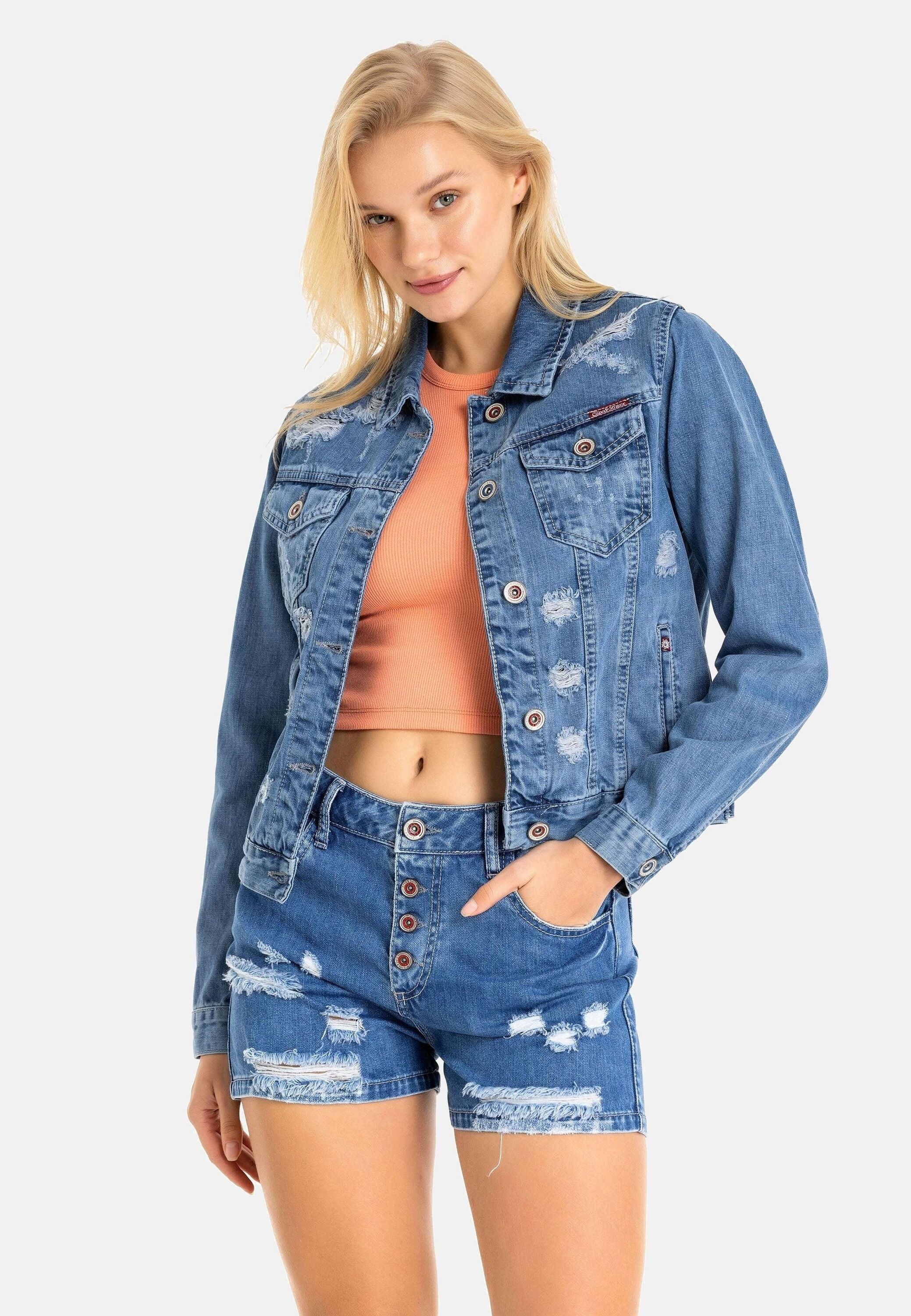 Cipo & Baxx "Jeansjacke" ohne Kapuze Mit praktischen Brusttaschen, WJ212