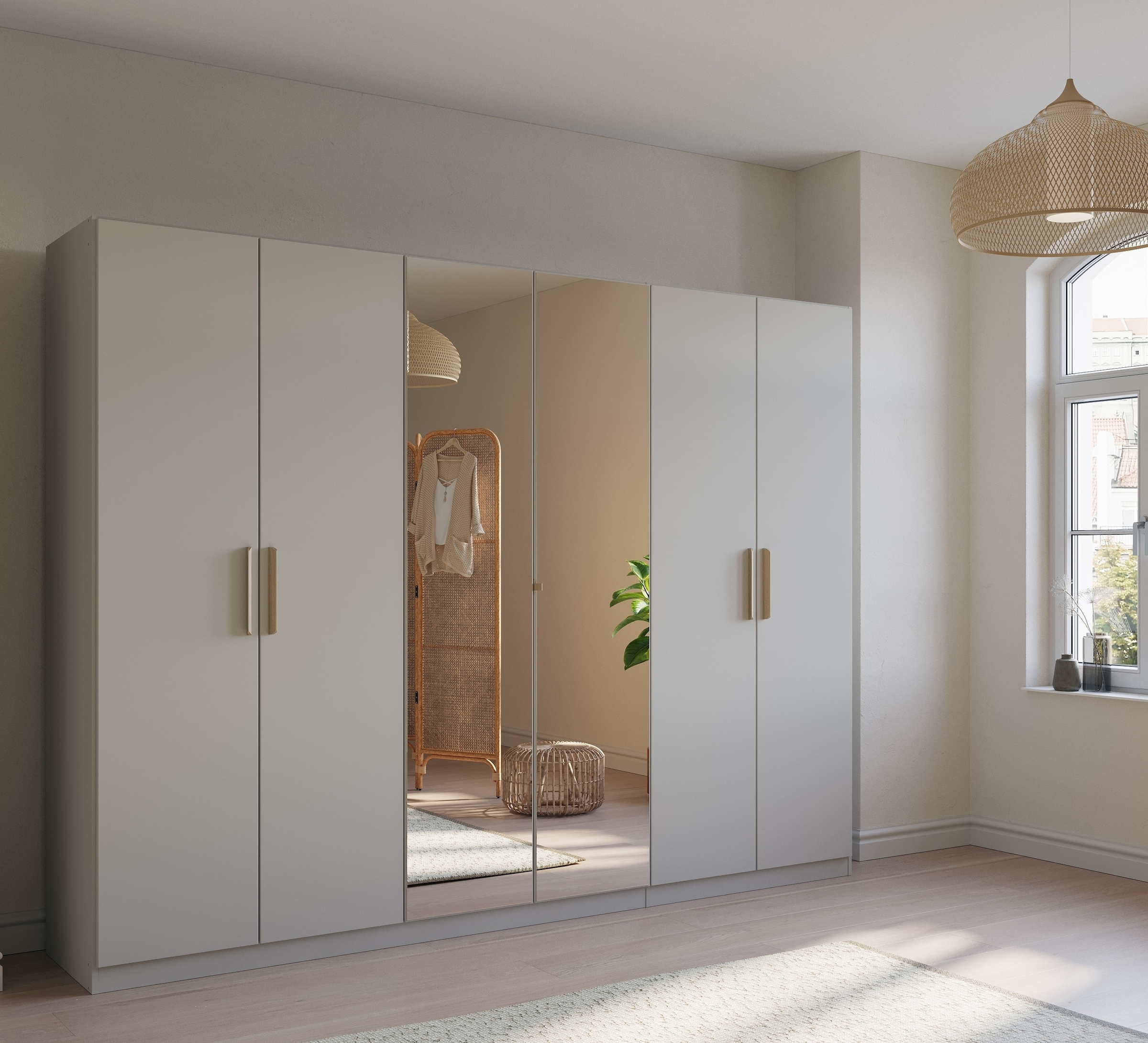 rauch Kleiderschrank »Skandi by Quadra Spin Schlafzimmerschrank«, im Landhaus-Stil mit Massivholzgriffen, vollflächige SpiegeltÜren