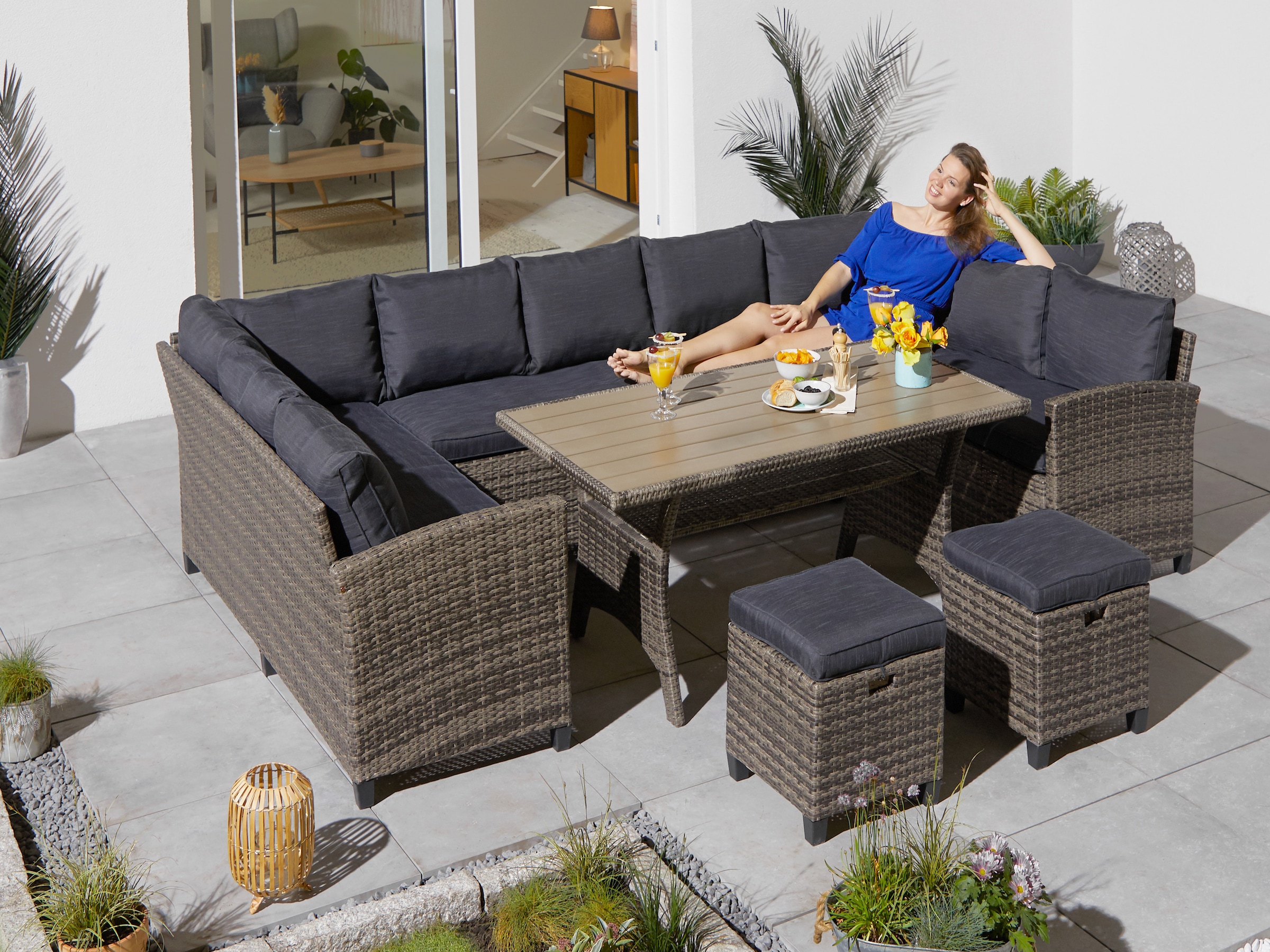 KONIFERA Gartenlounge-Set "Rotterdam", (Set, 20 tlg., 3x 3er Sofa, 2x Hocker, 1x Tisch 120x82x67cm, inkl. Auflagen), Pol