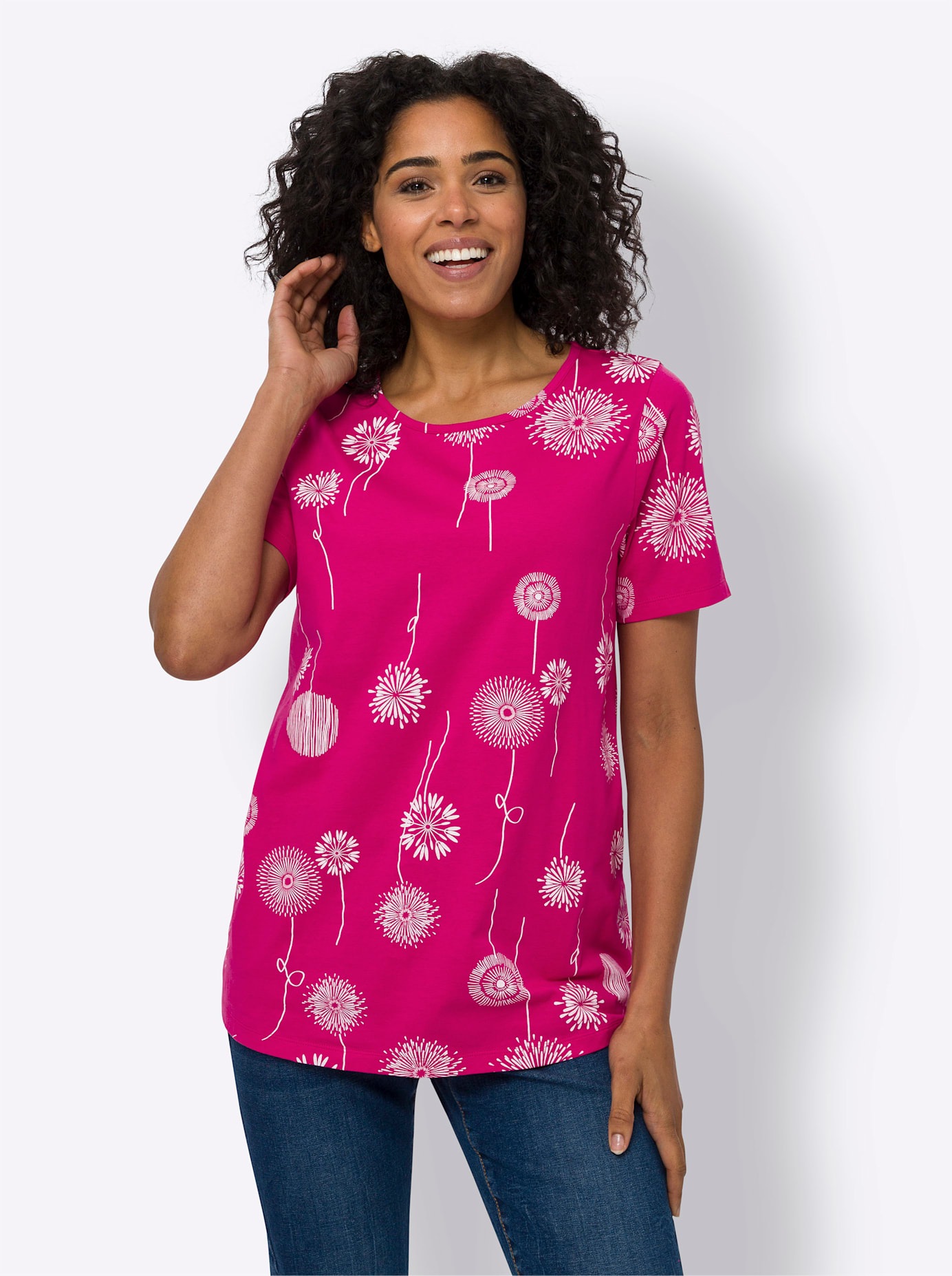 Longshirt CLASSIC BASICS "Longshirt", Damen, Gr. 46, pink (pink, weiß, bedruckt), 100% Baumwolle, gemustert, mehrfarbig, Rundhals, Shirts Longshirt