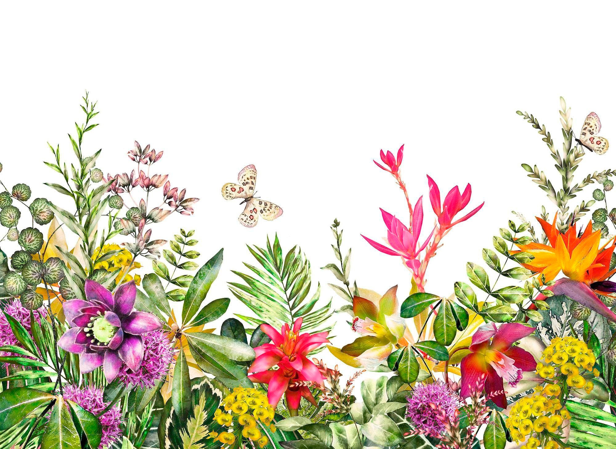 living walls Fototapete "Flower Power Vlies" glatt Fototapete Blumen Tapete Floral Weiß Bunt 3,50 m x 2,55 m Tapete