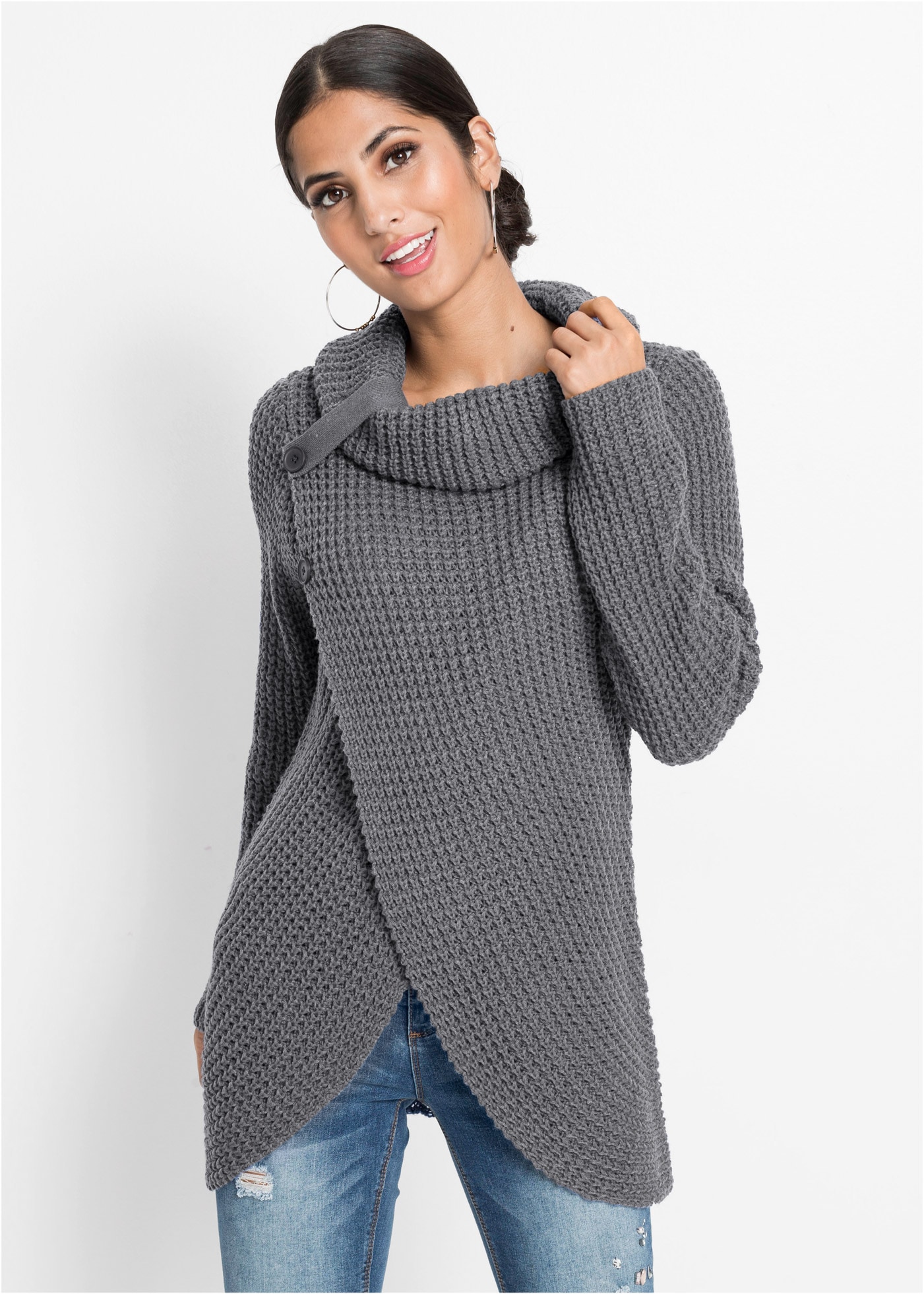 bonprix Strickpullover "Grobstrick-Pullover" mit weitem Rollkragen mit Riegel, asymmetrische Lagenoptik