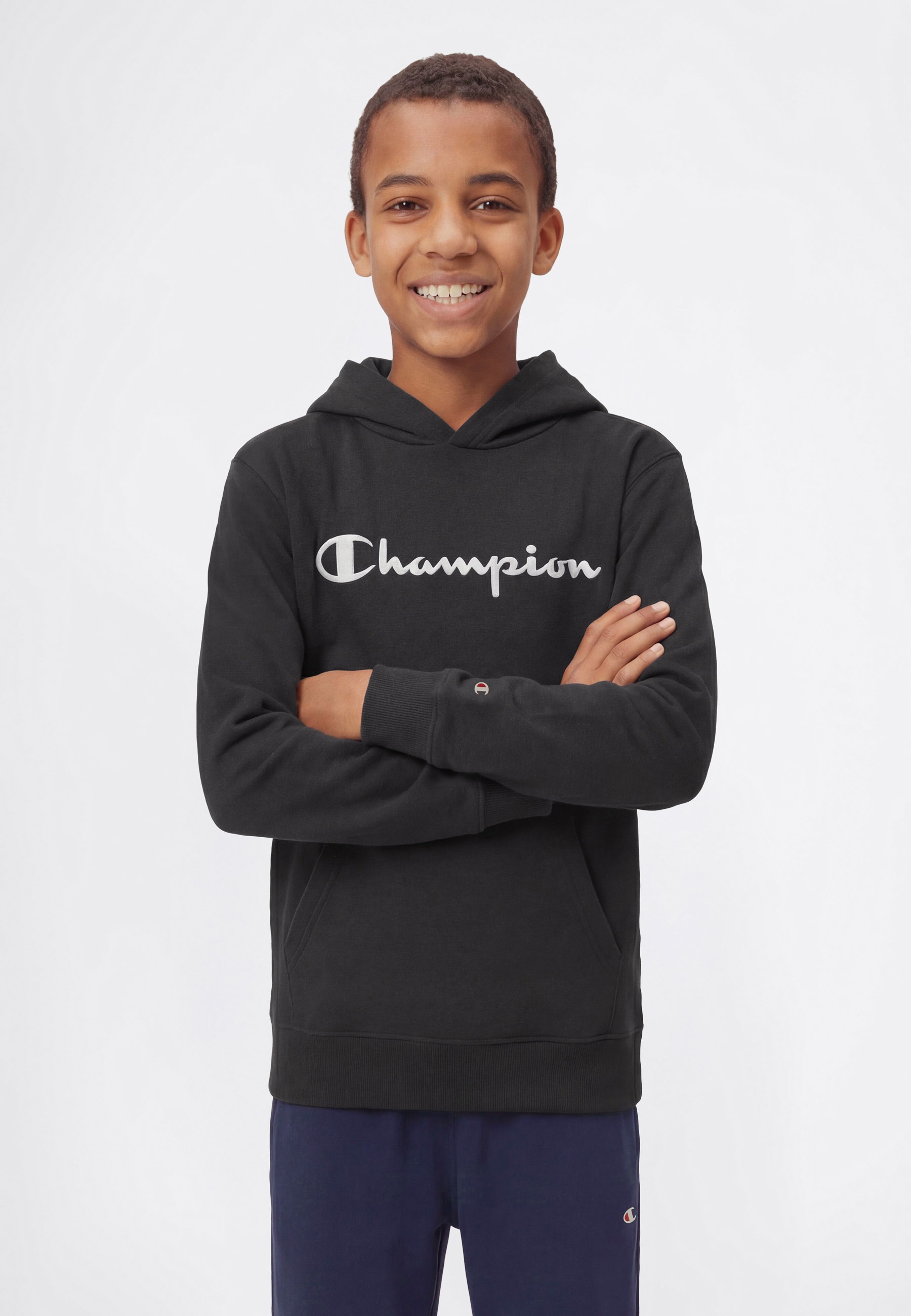 Kapuzensweatshirt CHAMPION "ICONS TONAL Hoodie with Large Logo", Jungen, Gr. L (152/158), chr, Obermaterial: 73% Baumwolle, 27% Polyester, Sweatshirts, für Kinder, mit Kapuze, sportlicher Stil