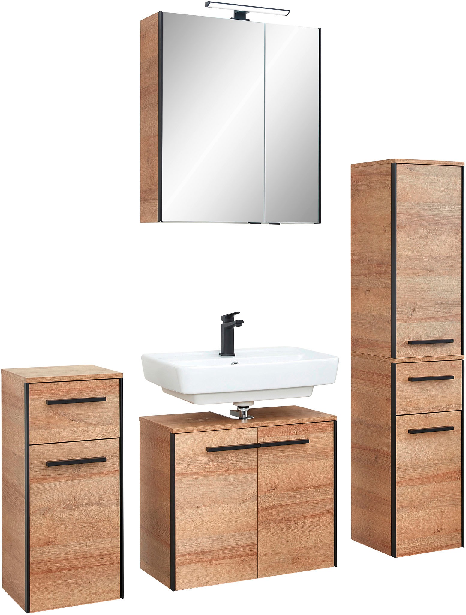 Saphir Badmöbel-Set »Quickset 395 4-teilig, Waschbeckenunterschrank mit LED-Spiegelschrank«, (5 St.), Unterschrank, Midischrank, inkl. Türdämpfer, 7 Türen, 2 Schubladen