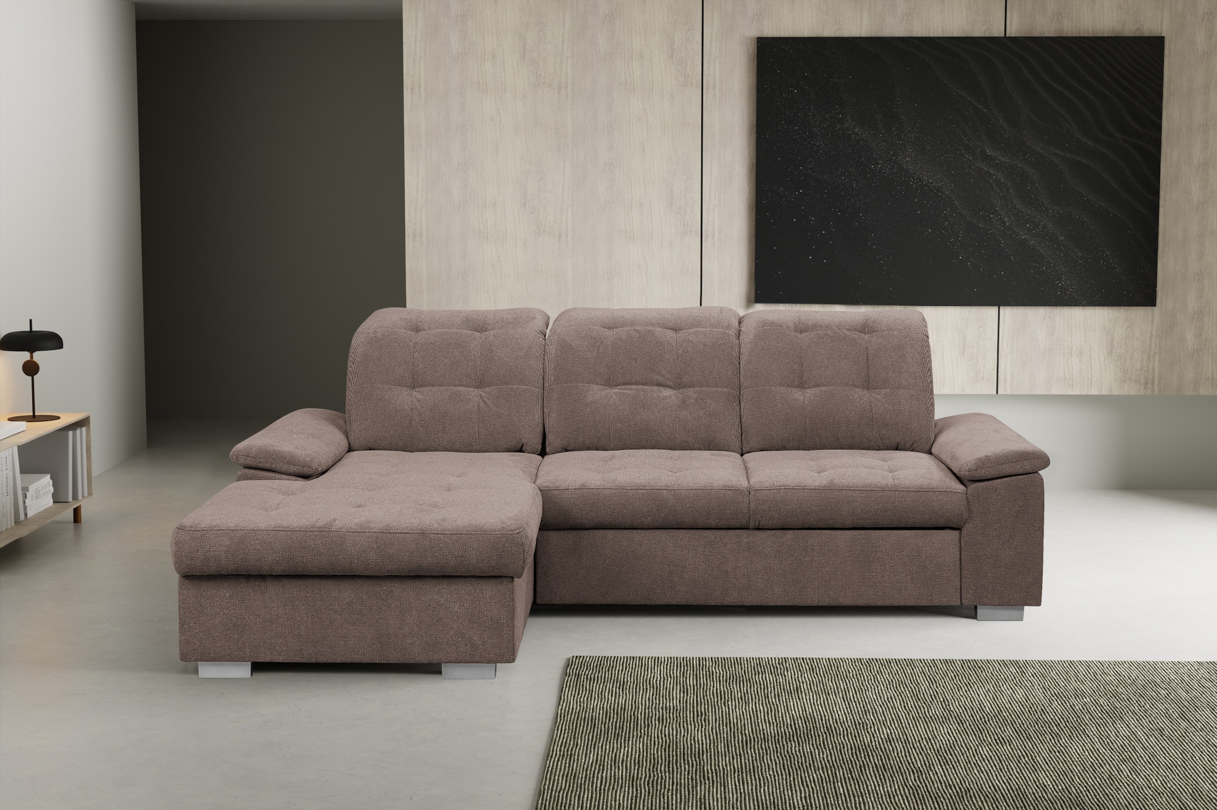 WERK2 Ecksofa "Carmen 264 cm breit L-Form Sofa Schlaffunktion Kopfstützen verstellbar" Schlafcouch mit Bettkasten, Eckcouch wahlw. mit Sitztiefenverstellung