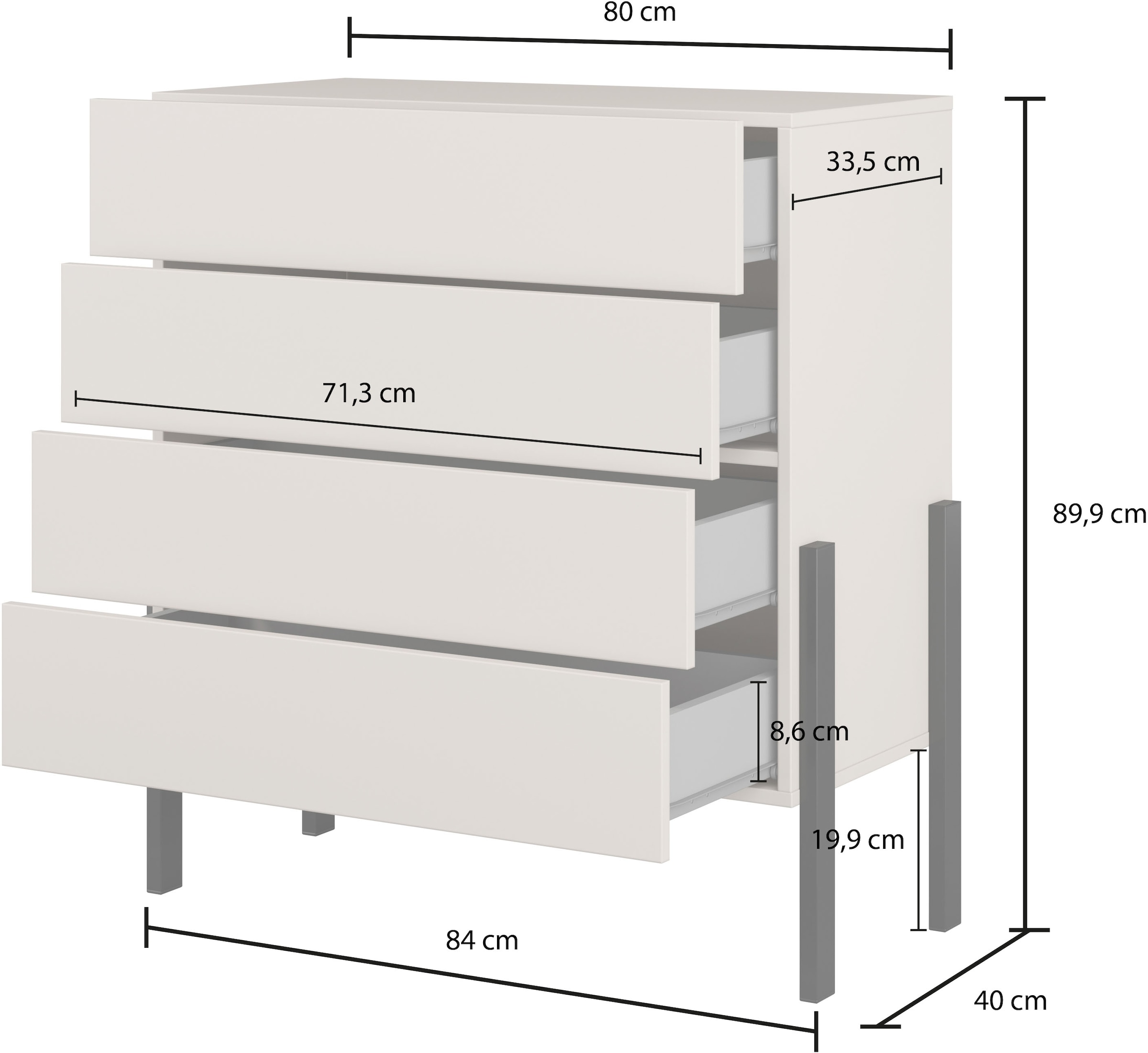 Home affaire Kommode »Jukon, Breite 84 cm, moderne grifflose Kommode«, Schubladenkommode mit 4 Schubkästen, push to open Funktion