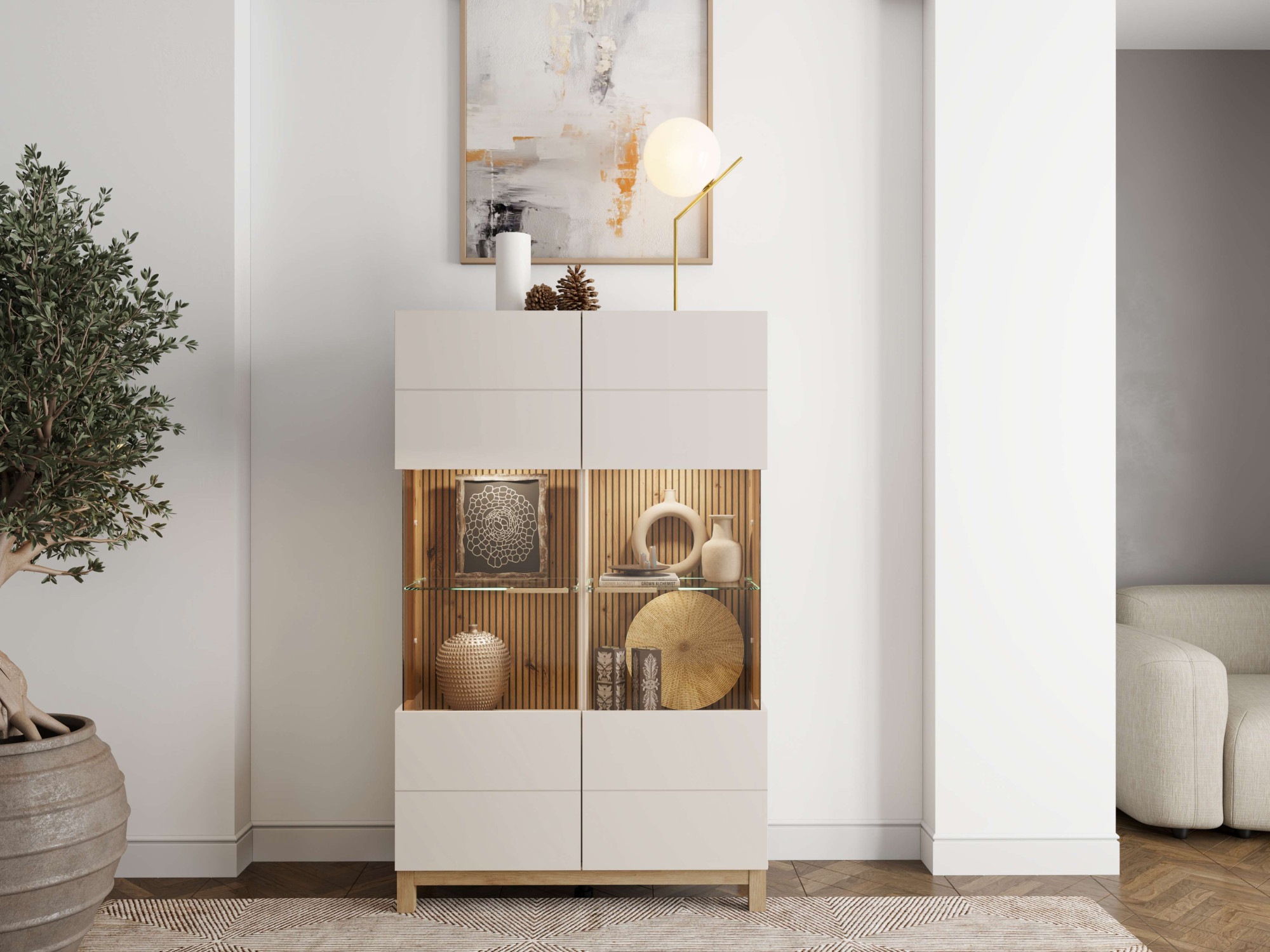 Home affaire Highboard "Essex, Hochkommode, Vitrine, Glasvitrine, Kombi-Highboard" Modernes Highboard in Kaschmir mit Glasfront & Lamellen-Optik