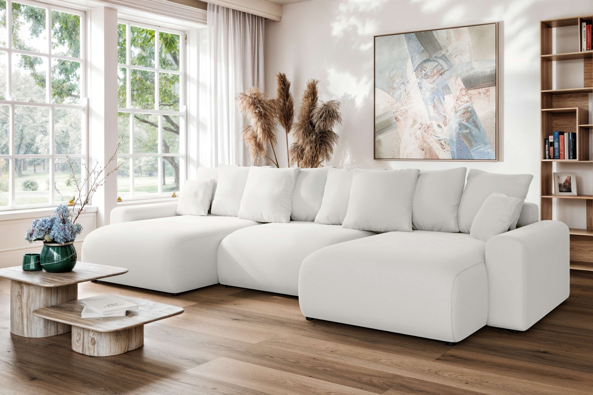 Home affaire Wohnlandschaft »LAKESIDE mit Bettfunktion und Bettkasten, Maße B/T/H: 332,5/142/84 cm«, U‑Form mit vielen Kissen und Wellenunterfederung
