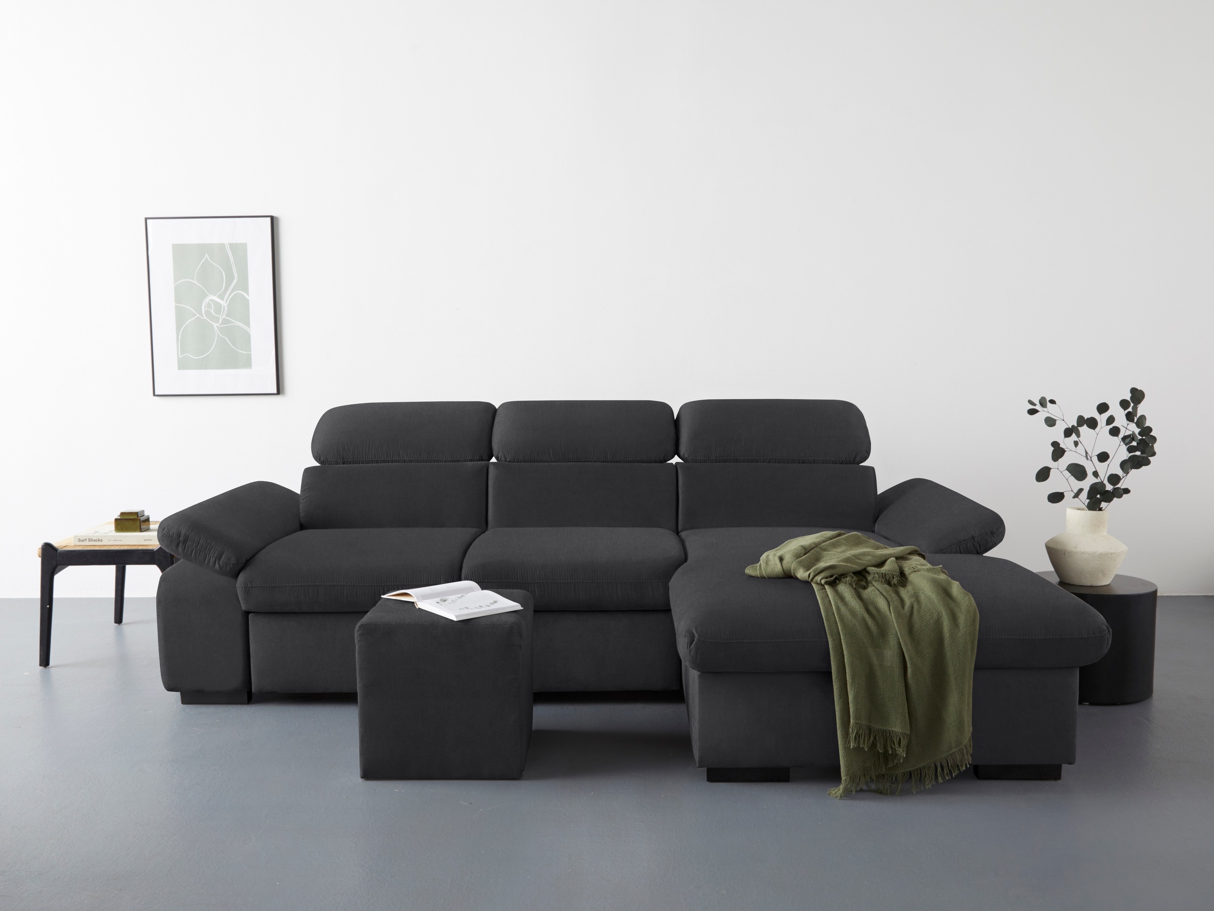 COTTA Ecksofa »Lola L-Form mit Kopfteilfunktion & Hocker«, (Set, mit Hocker), wahlweise mit Bettfunktion, Bettkasten & Armteilverstellung