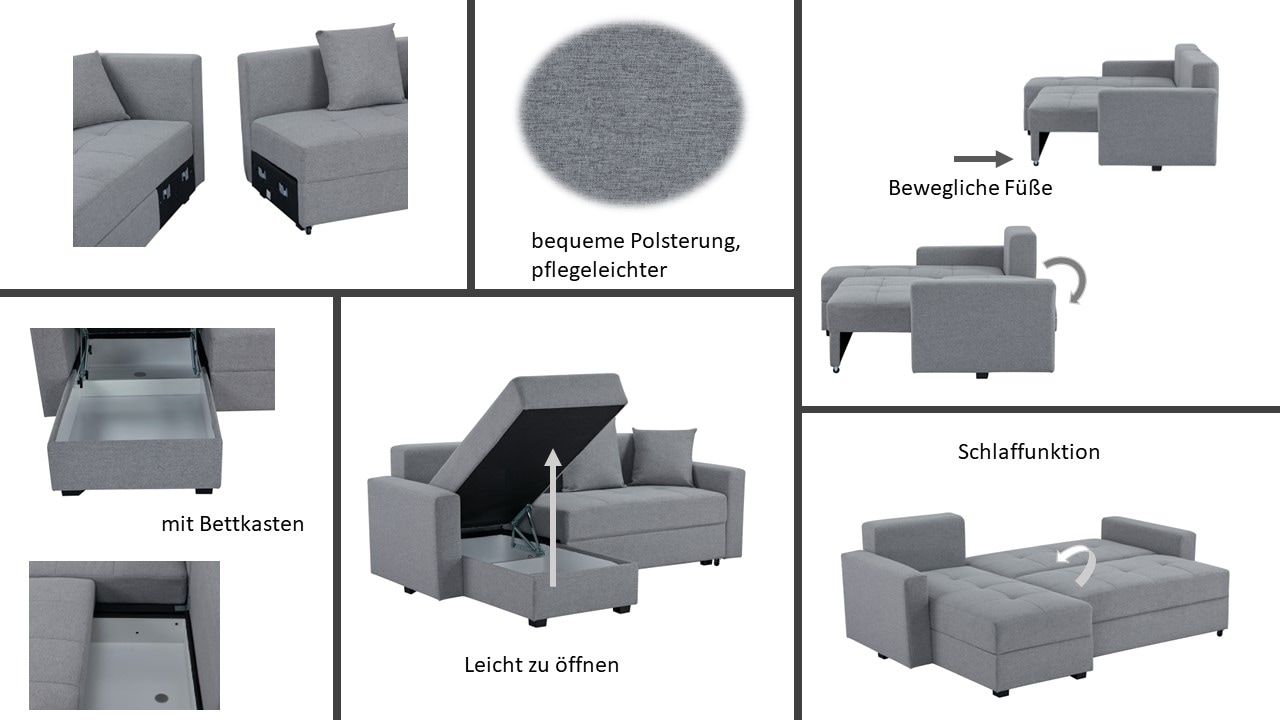 INOSIGN Ecksofa »KILLAM, 217 cm, L-Form, mit Schlaffunktion u. Bettkasten«, Recamiere rechts / links montierbar, in Cord und Webstoff