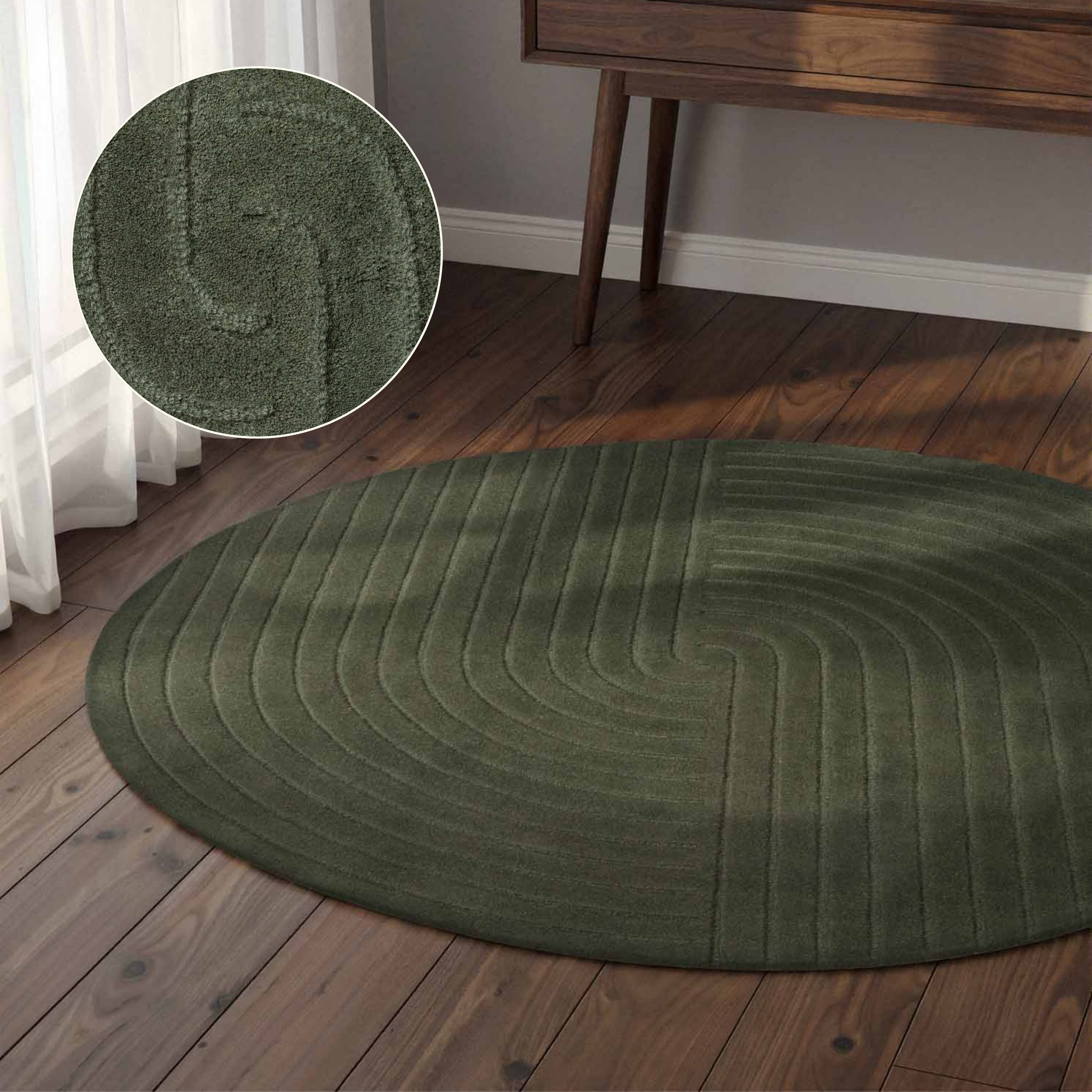 vikosa Wollteppich "Arcura" rund 15 mm Höhe Wolle Handgemacht, Hoch-Tief-Effekt, Geometrisches Linien Wellendesign
