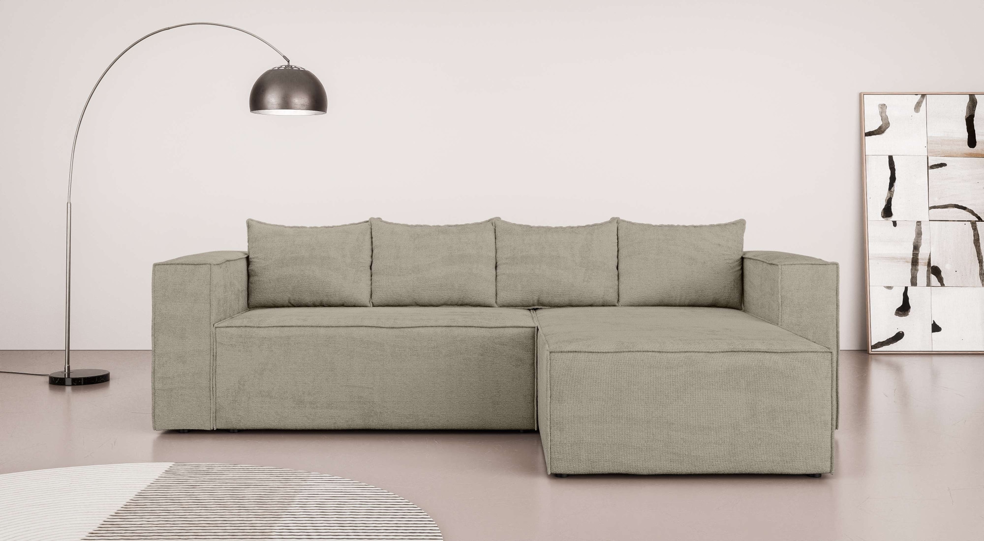 INOSIGN Ecksofa »LINCOLNVILLE mit Bettfunktion und Bettkasten, Maße B/H/T 244/76/150 cm«, L-Form mit Wellenunterfederung, Recamiere beidseitig montierbar