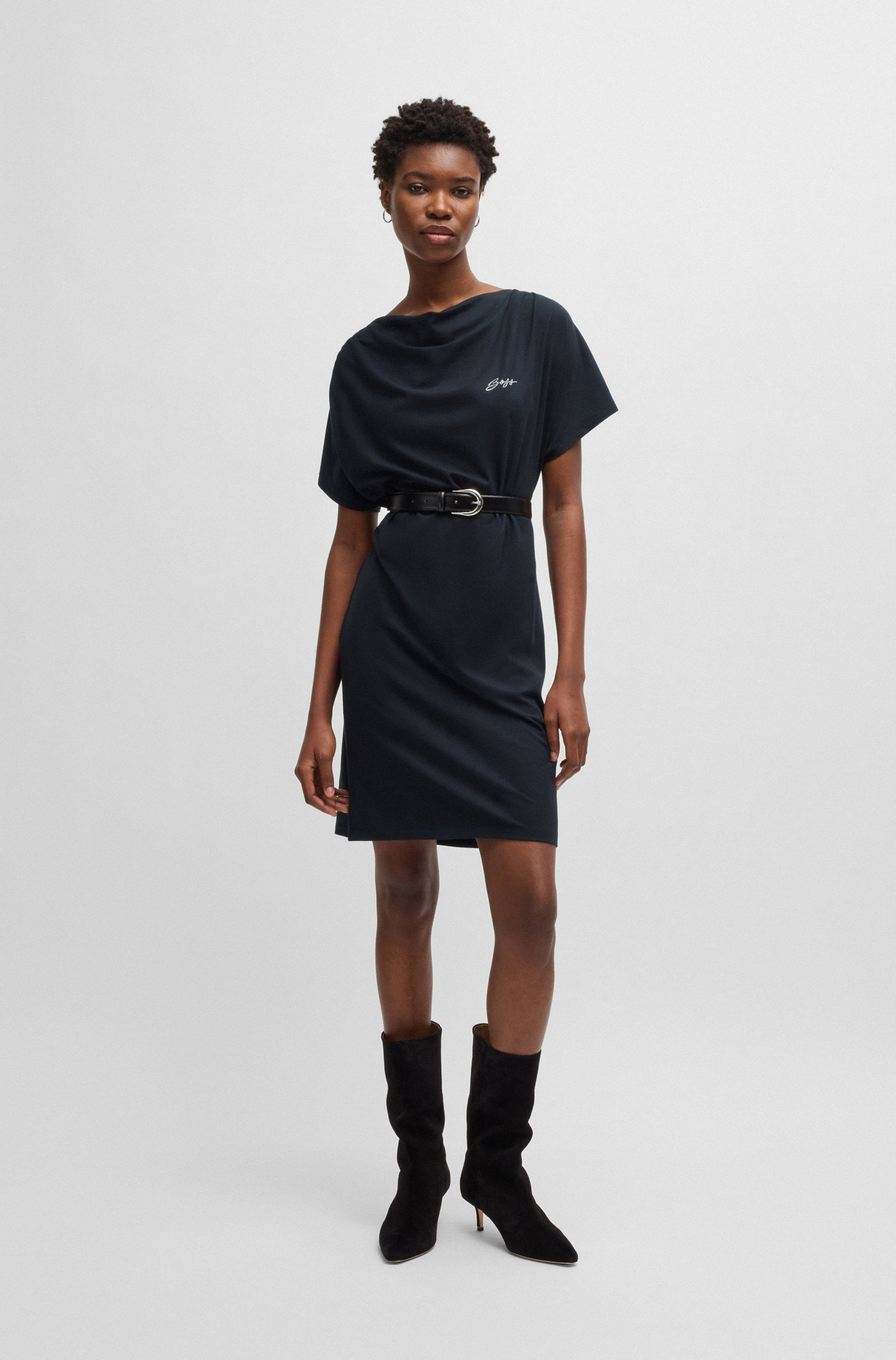 BOSS ORANGE Jerseykleid »Esja Premium Damenmode«, mit hochgeschlossenem Wasserfallausschnitt