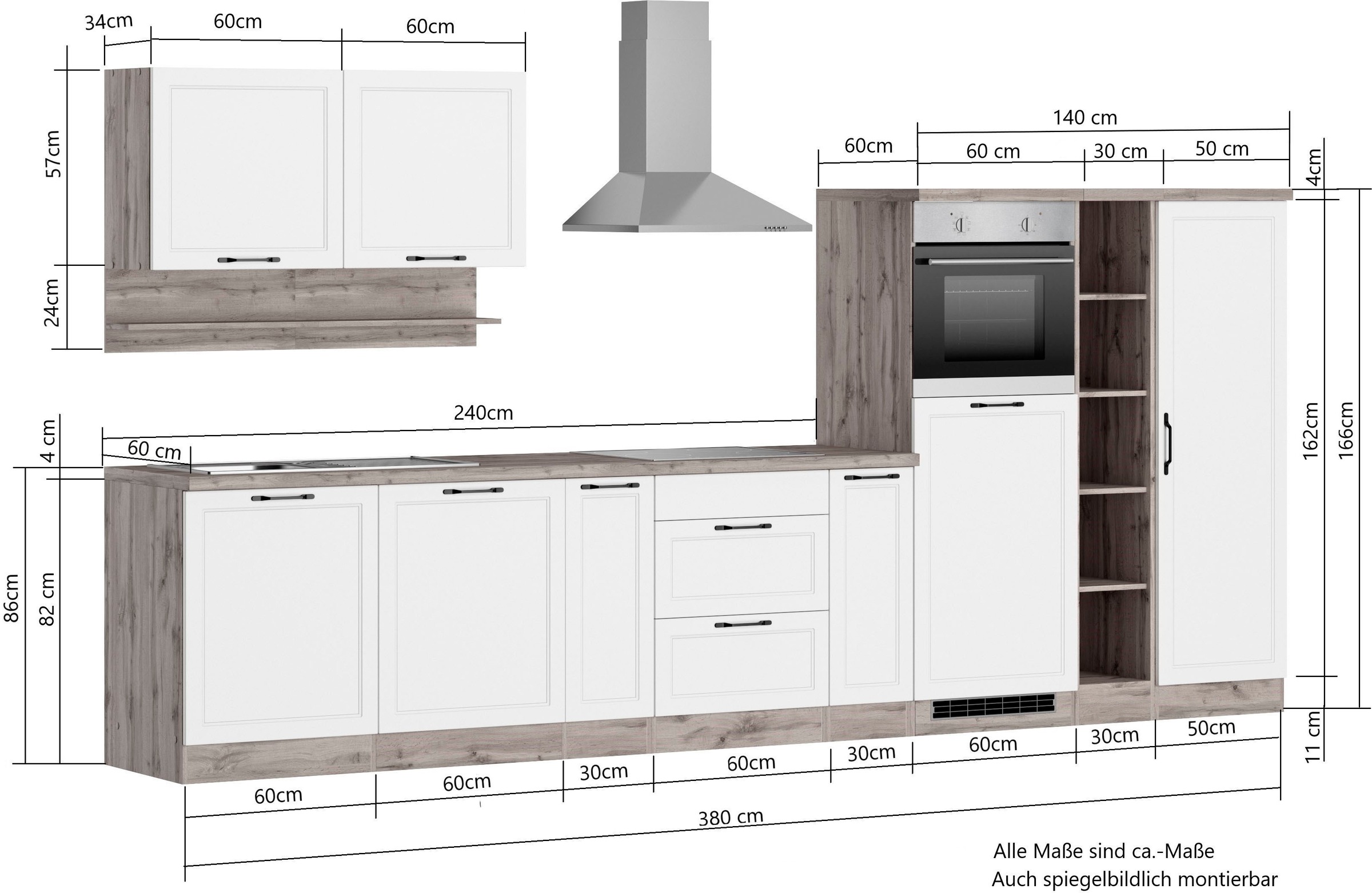 KOCHSTATION Küchenzeile »KS-Lana«, 380 cm breit, wahlweise mit oder ohne E-Geräte