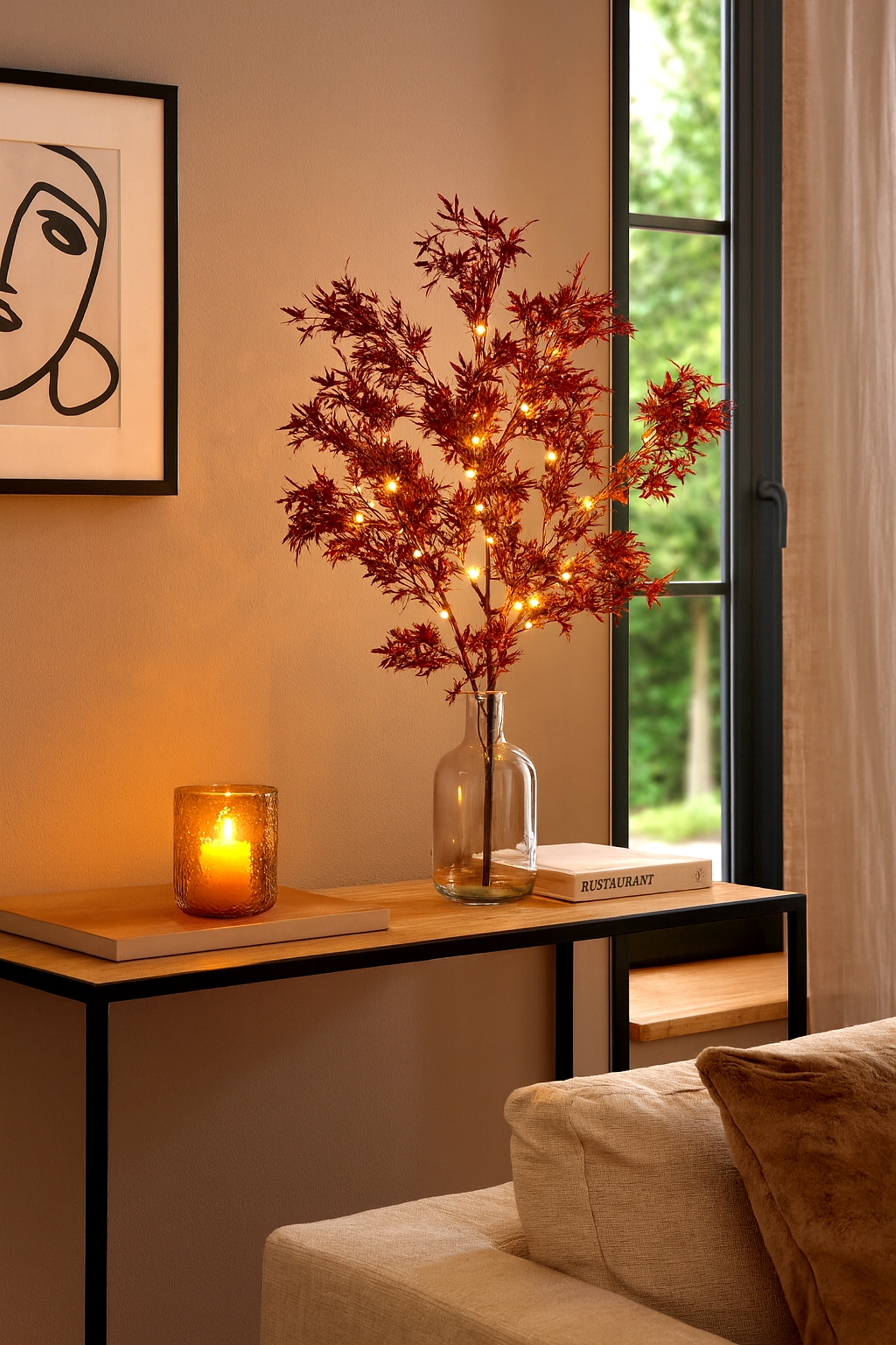 I.GE.A. Kunstzweig »LED-Dekozweig Ahorn« Batteriebetrieben Zweig mit Timer Warmweiß Herbstliche Kunstblume