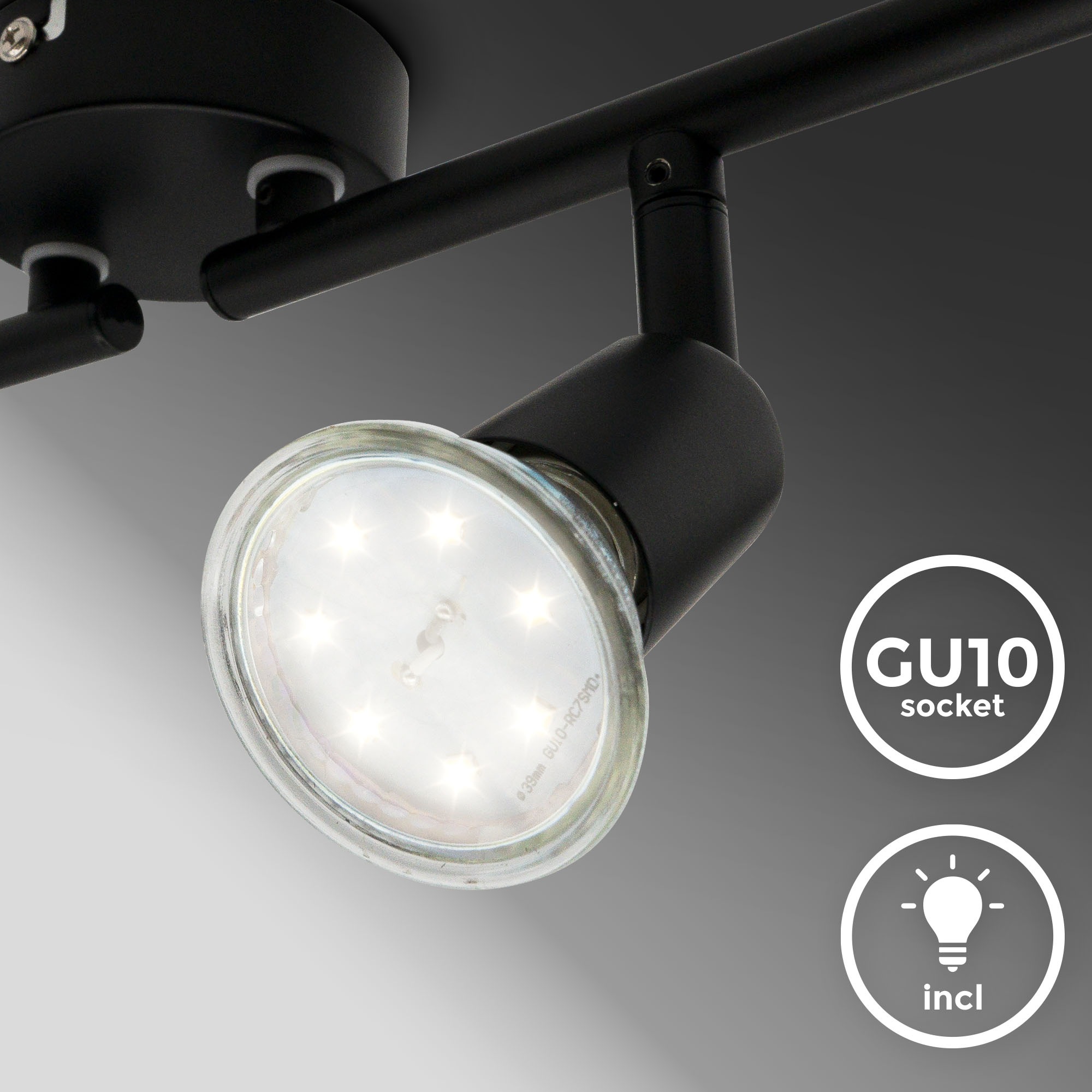 B.K.Licht LED Deckenspots »BKL1546 Deckenlampe schwenkbar, Deckenstrahler, GU10 Fassung«, 4 flammig, Leuchtmittel GU10 | Leuchtmittel wechselbar, 3.000K, 260Lm, 2,9 Watt, 60x10,5 cm, Matt-Schwarz