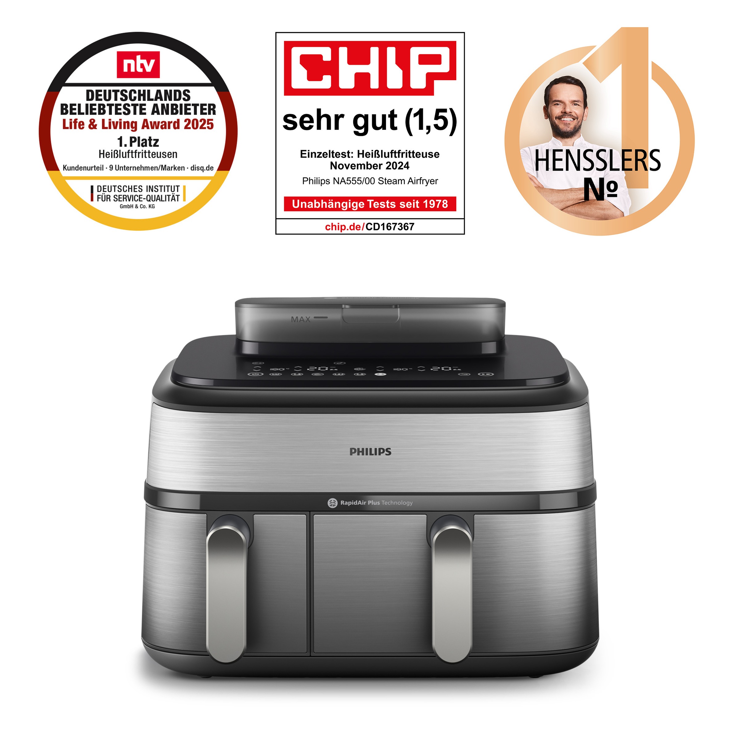 Thumbnail - Philips Heißluftfritteuse "NA555/00 Steam Airfryer 5000 Series Dual Basket, 9L Kapazität (3L+6L)" 2750 W mit Dampfgar-Fu...
