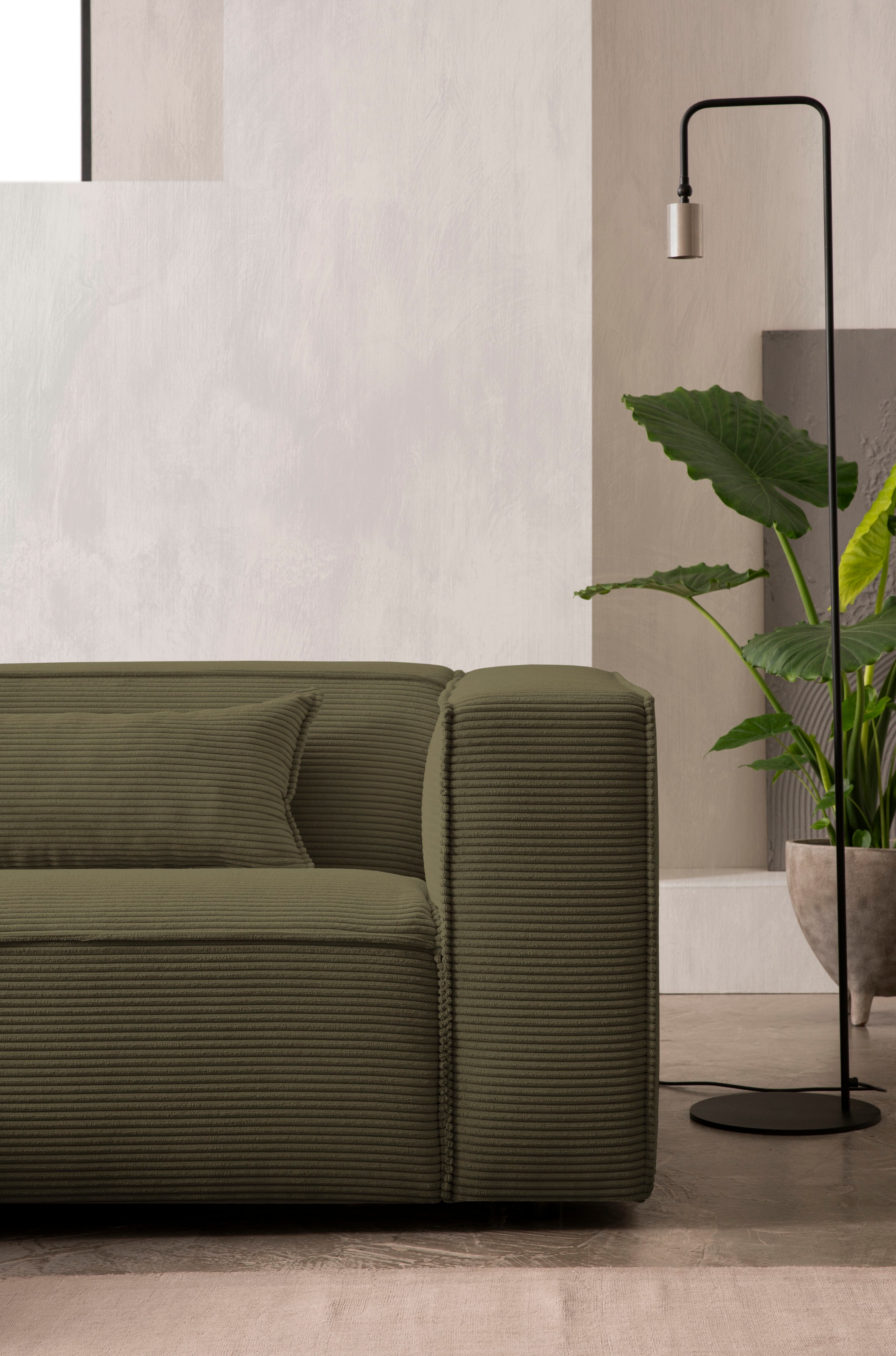 LeGer Home by Lena Gercke Ecksofa »PIARA mit Kedernaht in Cord oder Leinenoptik, moderne Couch in L-Form«, wahlweise Ottomane rechts/links, schwarze Füße, bequemer Sitzkomfort