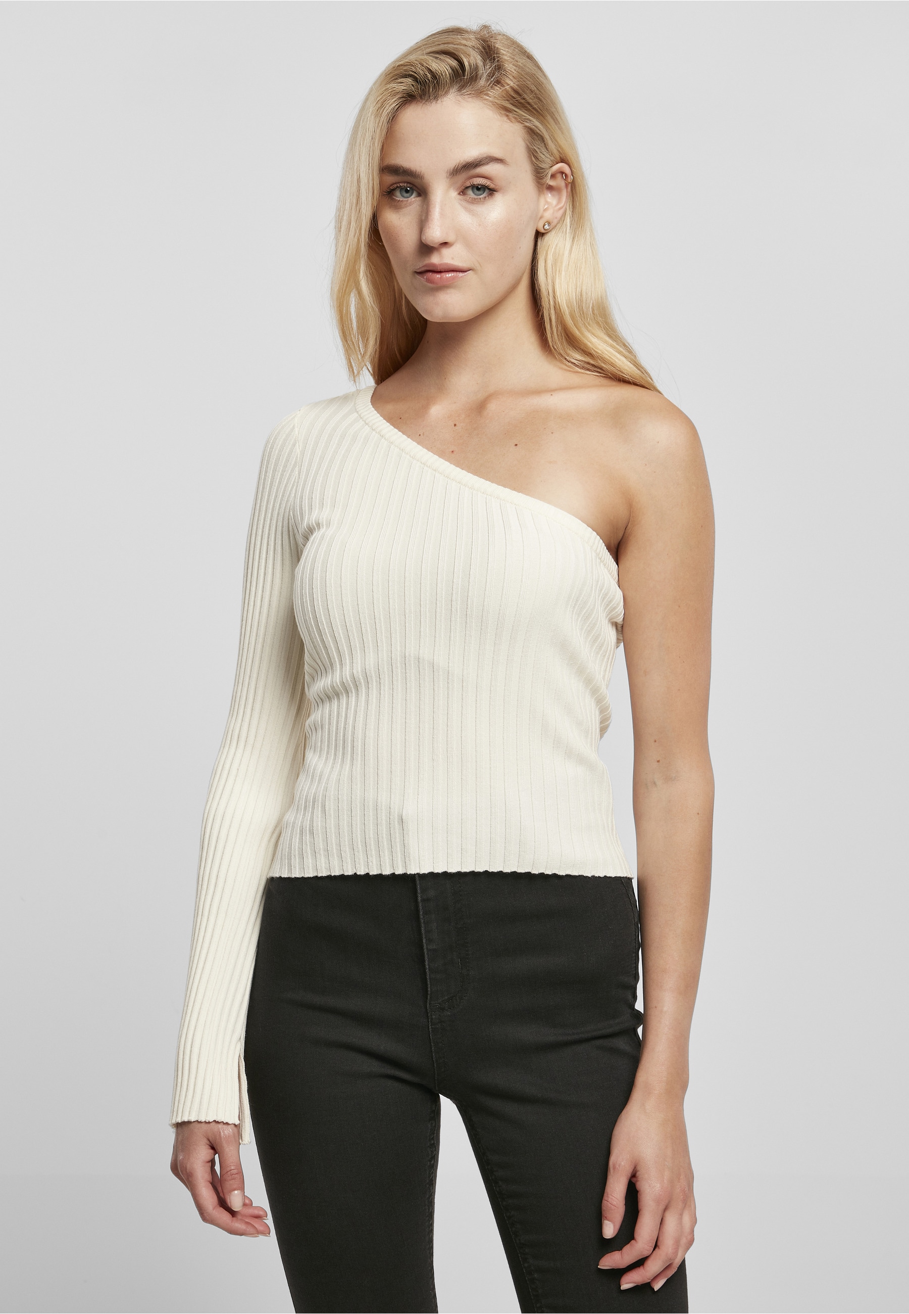 URBAN CLASSICS Fleecepullover »Urban Classics Damen Ladies Short Rib Knit One Sleeve Sweater«, 1 Stk.
