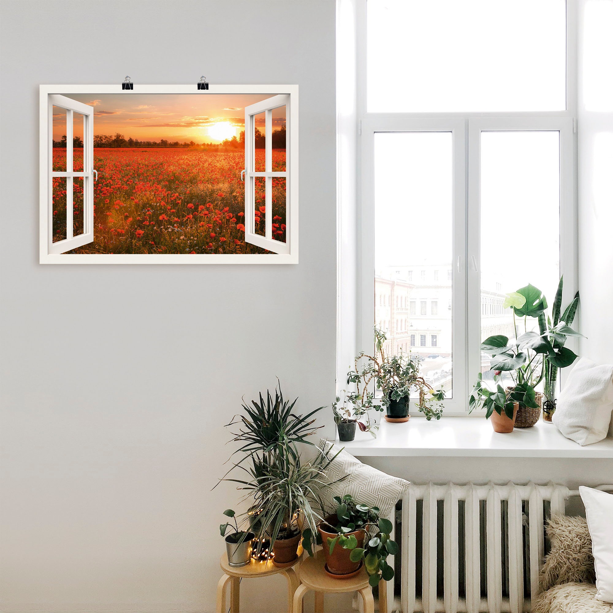 Artland Wandbild »Fensterblick Mohnblumenfeld«, Blumen, (1 St.), als Leinwandbild, Poster, Wandaufkleber in verschied. Größen