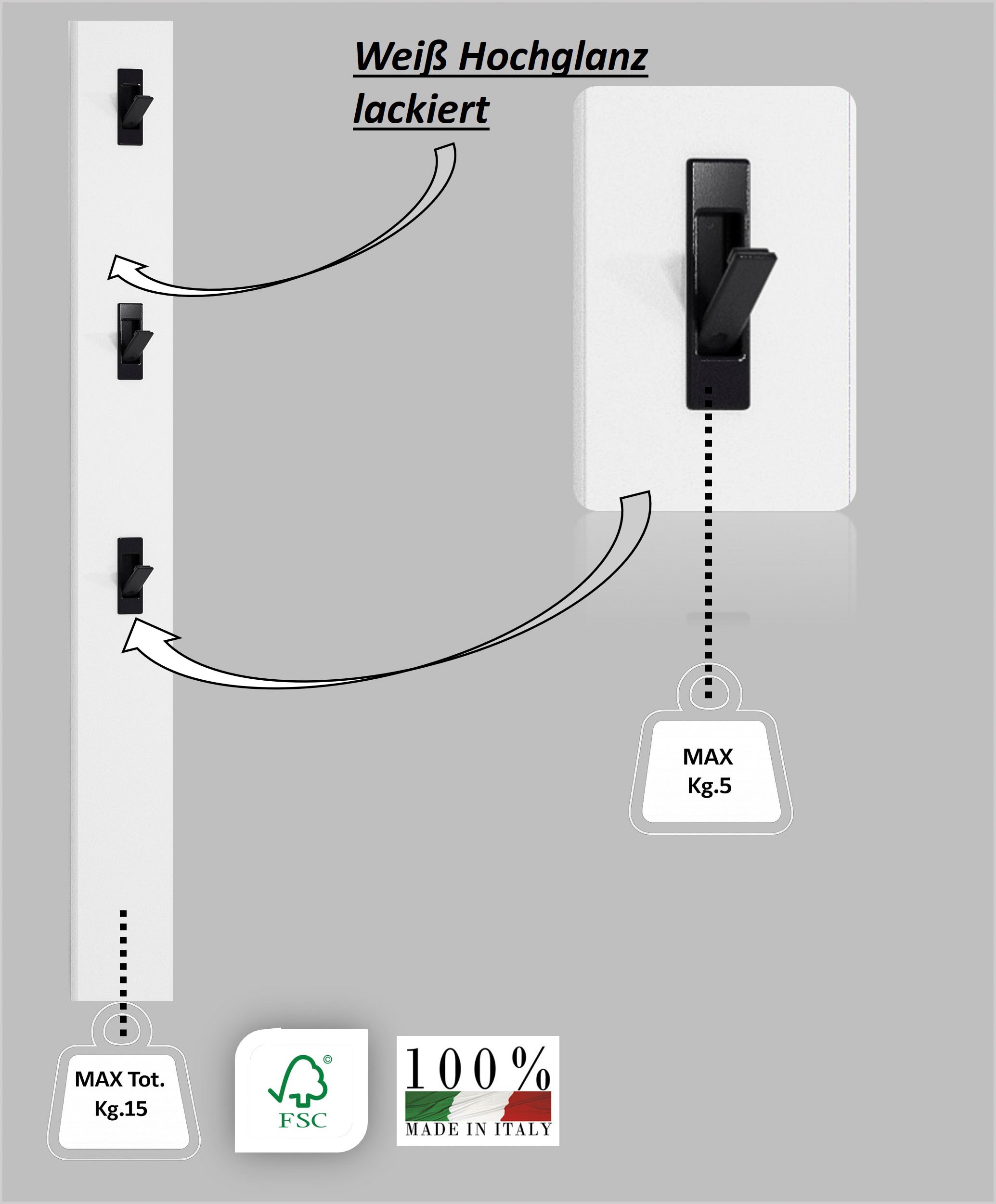 Home affaire Garderobenpaneel »SPACE, Garderobenleiste, Wanpaneel, Wandgarderobe, Garderobenleiste« 1 Stk. tlg. mit 3 Klapphaken, Hochglanz lackiert, 15x2x170 cm