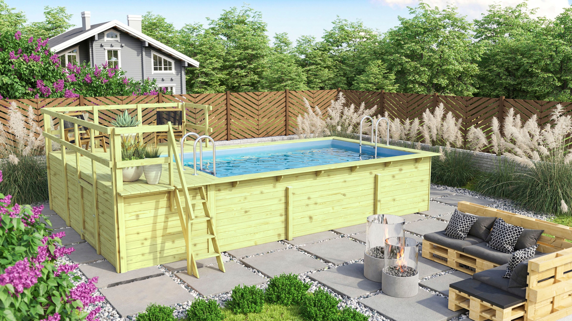 Karibu Rechteckpool »Malta B BxLxH: 353x530x124 cm mit Sonnendeck und Ecke«, (Set), 44 mm starke kesseldruckimprägnierte Holzbohlen aus Fichtenholz