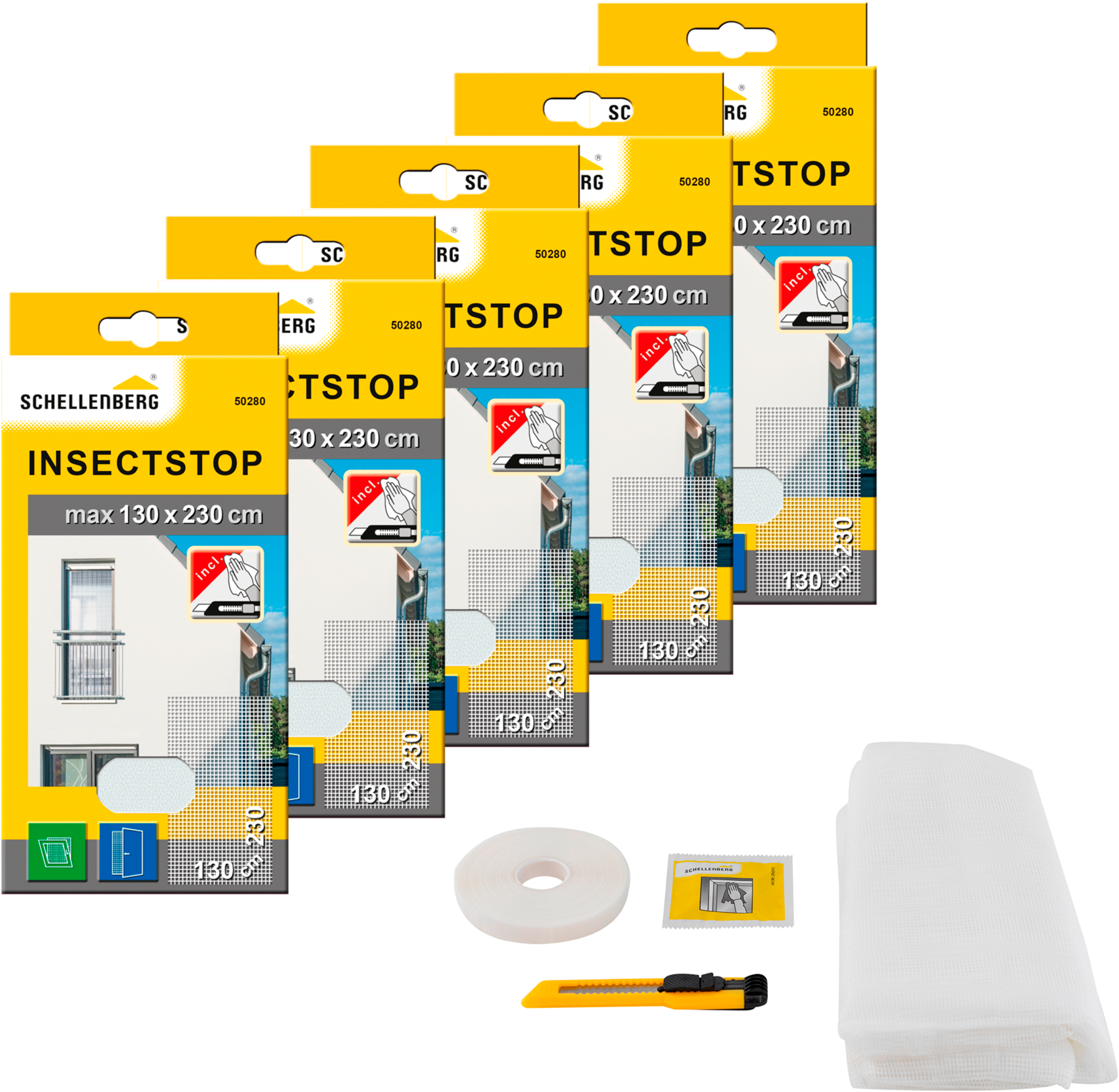 SCHELLENBERG Fliegengitter-Gewebe "für bodentiefe Fenster und Türen", B/H: 130cm x 230cm, 5er Pack, weiß, Insektenschutzgitter, Insektenschutz ohne