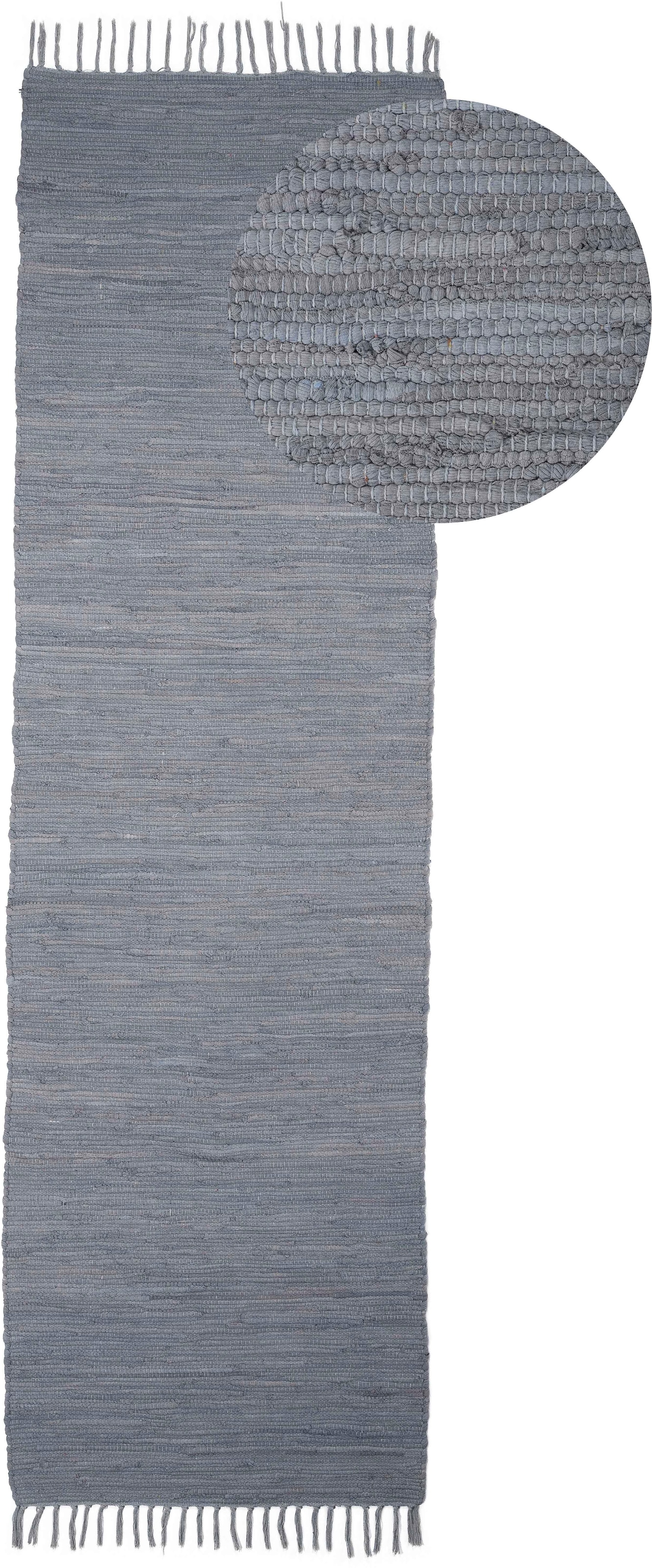 Teppich CARPETFINE "Kelim Chindi uni, auch als Läufer", grau (hellgrau), B:80cm H:5mm L:300cm, Baumwolle, Teppiche, Teppich, Wendeteppich, reine Baumwolle, handgewebt, Uni-Farben, mit Fransen