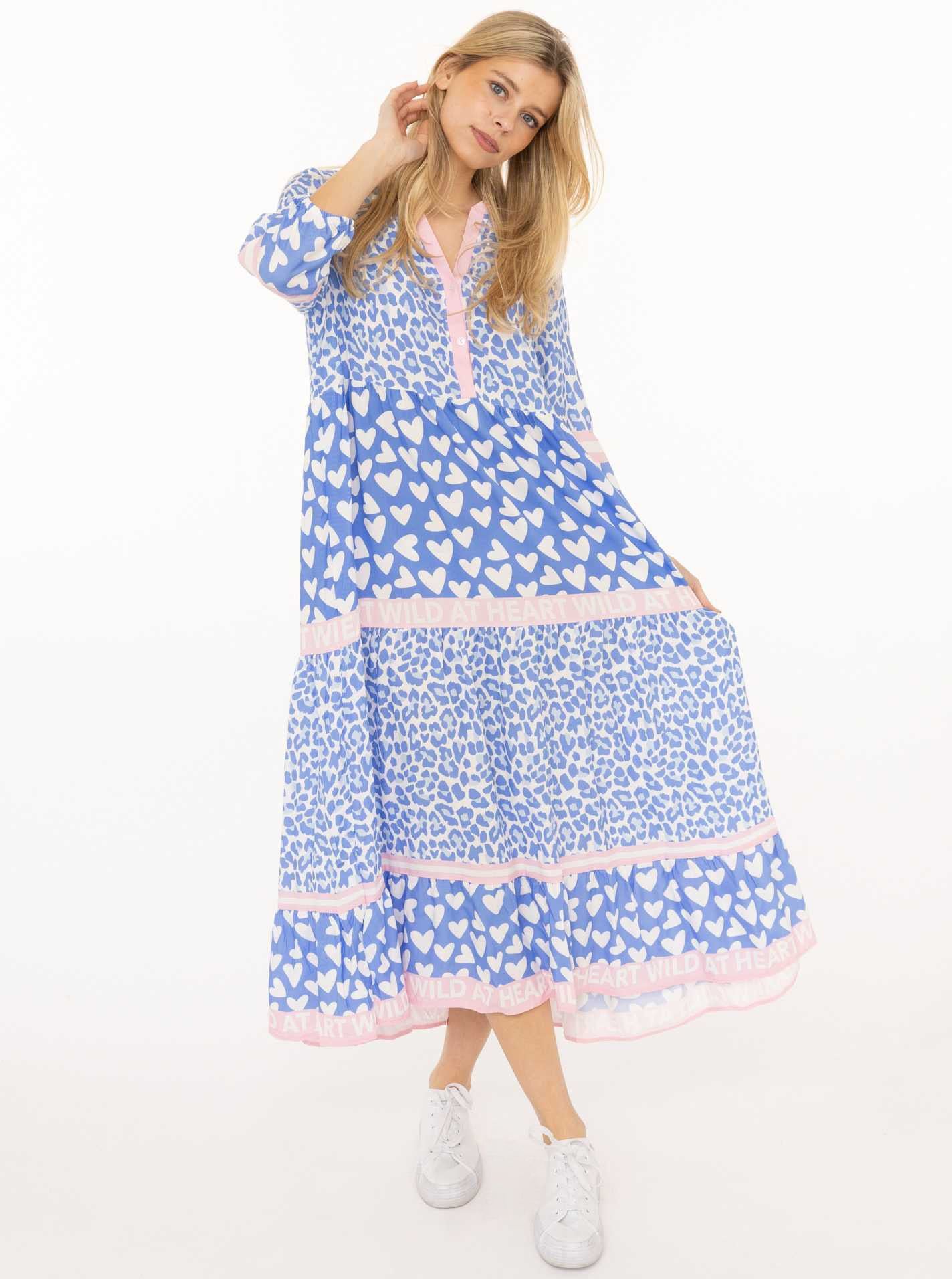 Zwillingsherz Maxikleid ""Leo Love"" Ohne Taschen Mustermix: Leo und Herzen, Knopfleiste und 3/4 Arm