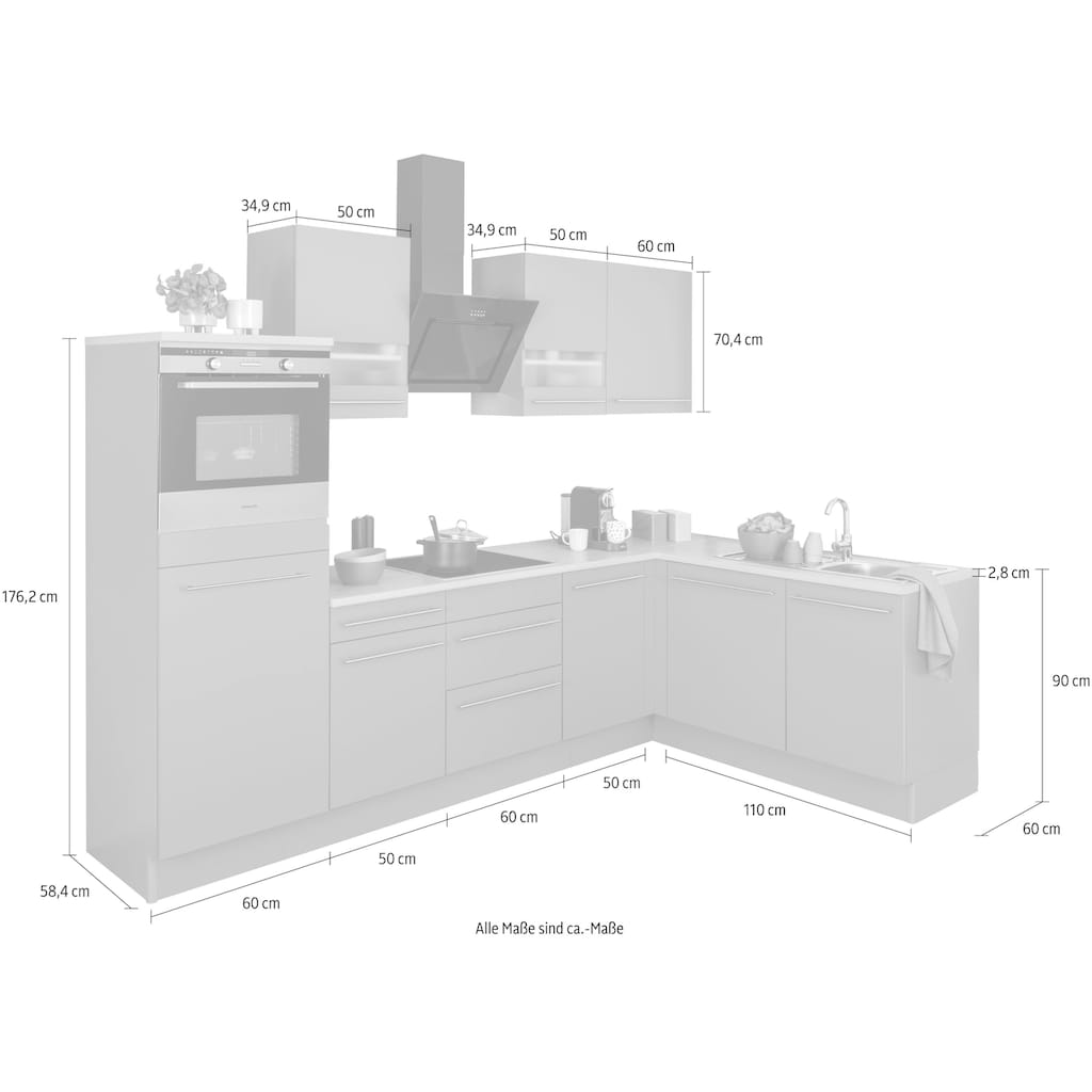 OPTIFIT Winkelküche »Bern«, mit Hanseatic E-Geräten, Stellbreite 285 x 175 cm, mit Induktionskochfeld, gedämpfte Türen und Schubkästen, höhenverstellbare Füße, Metallgriffe