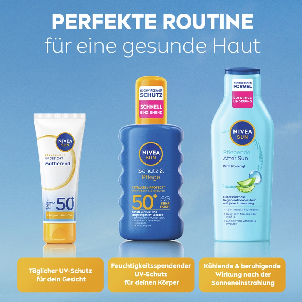 Nivea Sun Sonnenschutzspray »Schutz & Pflege Spray LSF50+ 200ml mit To Go Größe Gratis« wirkt über herkömmliche UV-Filter hinaus