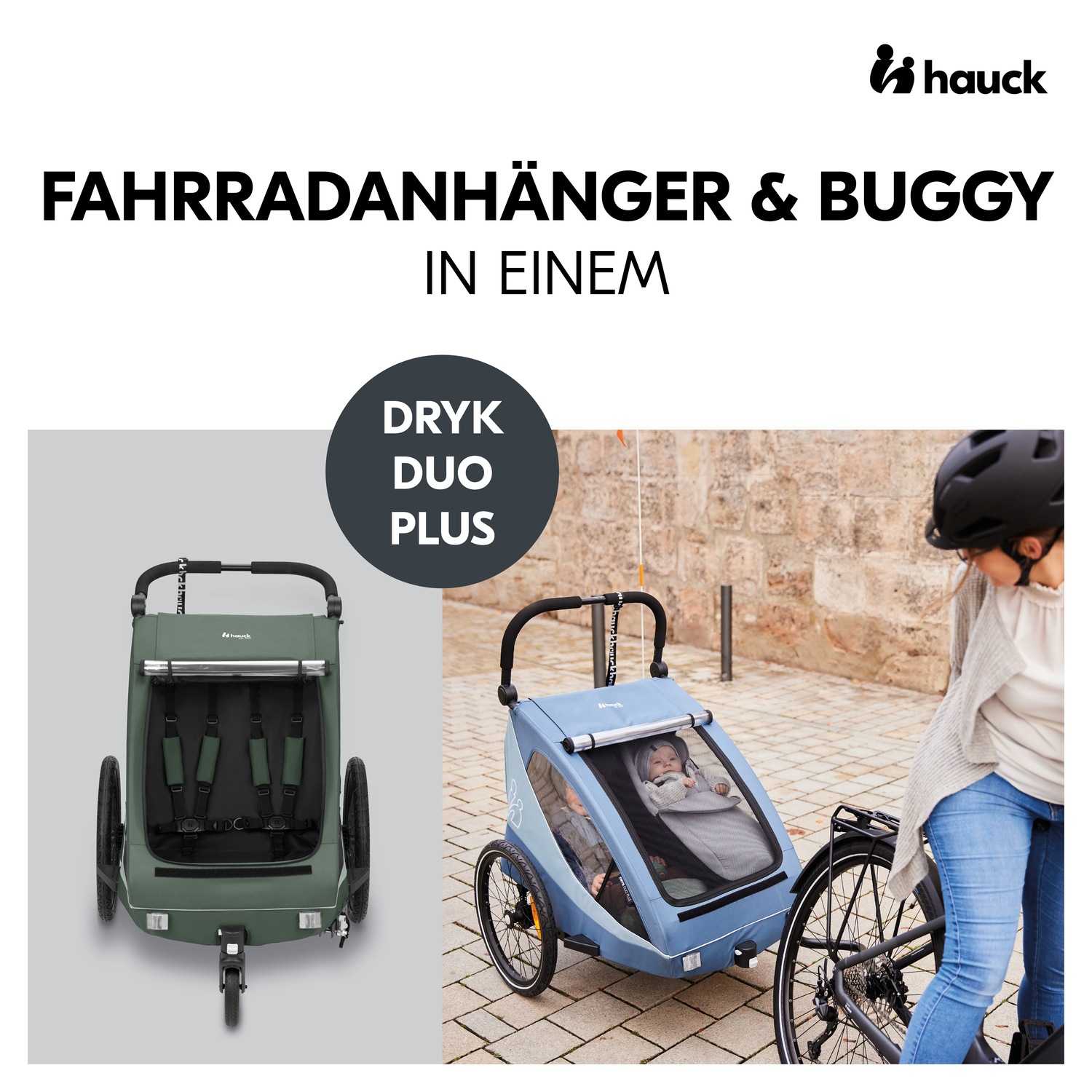 Hauck Fahrradkinderanhänger »2in1 Bike Trailer und Buggy Dryk Duo Plus, dark green«, für 2 Kinder; inklusive Deichsel