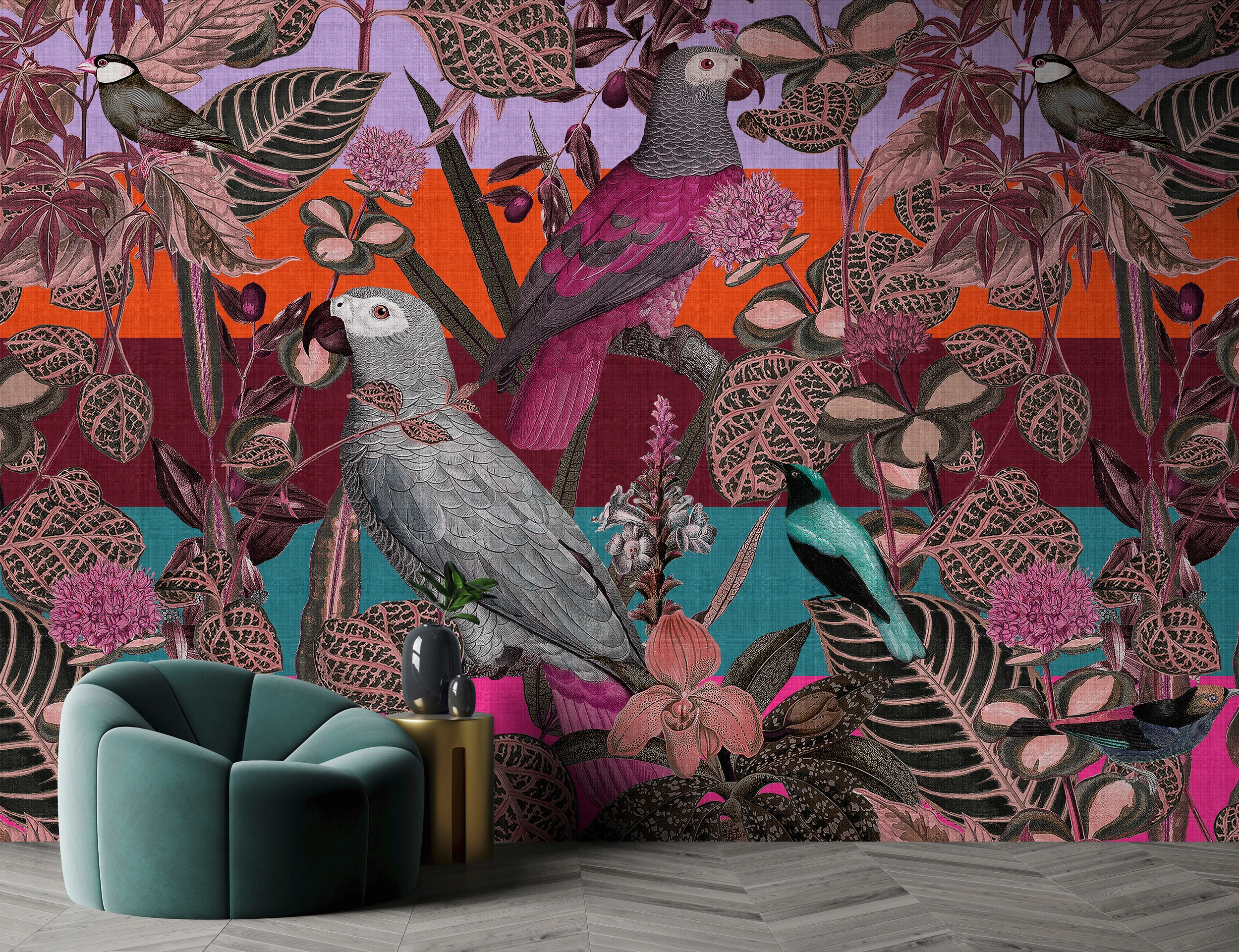 living walls Vliestapete "Papageien-Tapete Bunt – Exotische Mustertapete" matt glatt