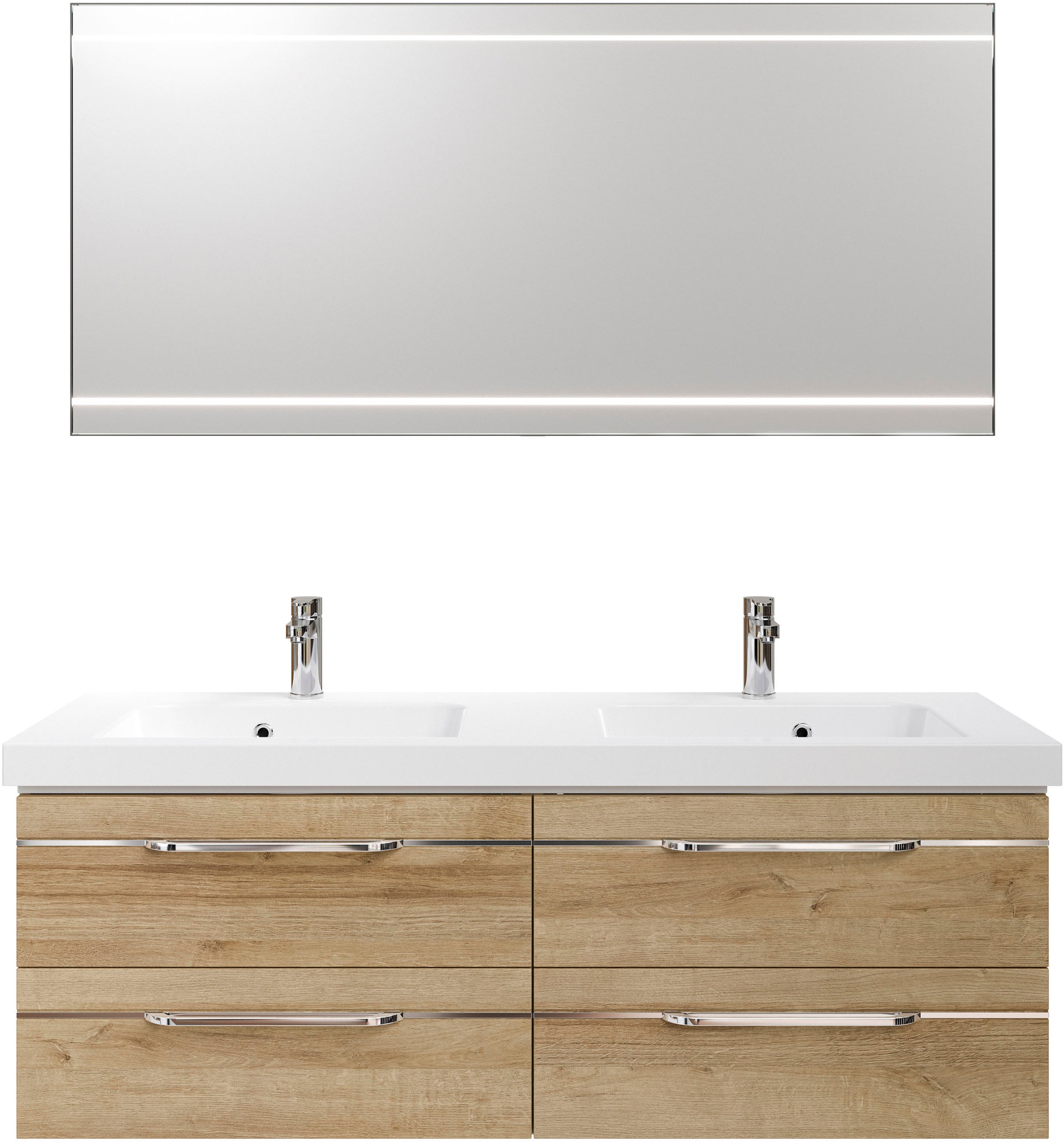 Saphir Badmöbel-Set »Balto 2-teilig Mineralmarmor-Doppelwaschtisch mit LED-Spiegel«, (2 St.), Waschplatz 150 cm breit, 4 Schubladen, inkl. Schubladendämpfer