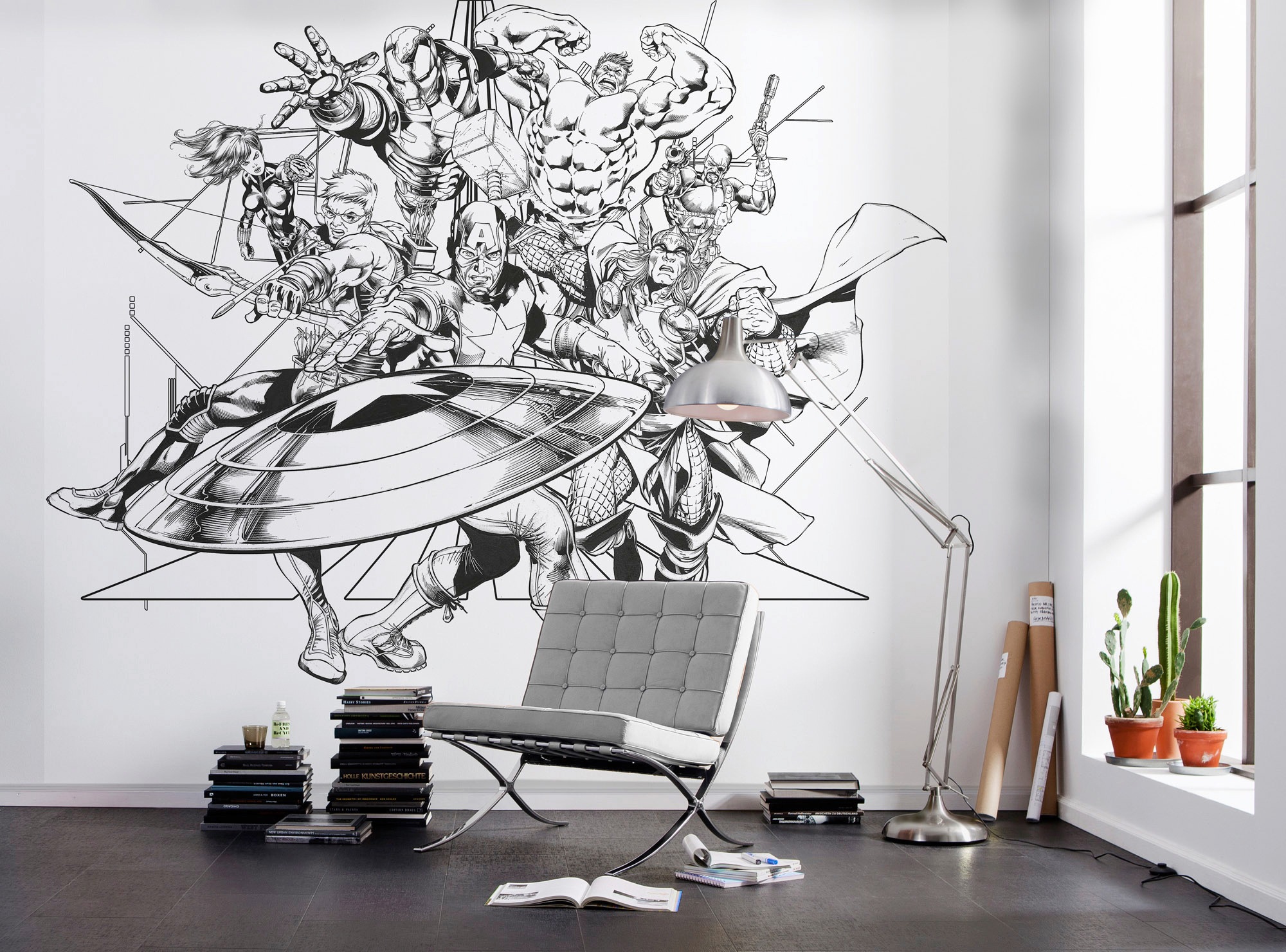 Komar Vliestapete »Digitaldruck Vlies - Avengers Black and White - Größe 300 x 280 cm«, bedruckt, Kinderzimmer