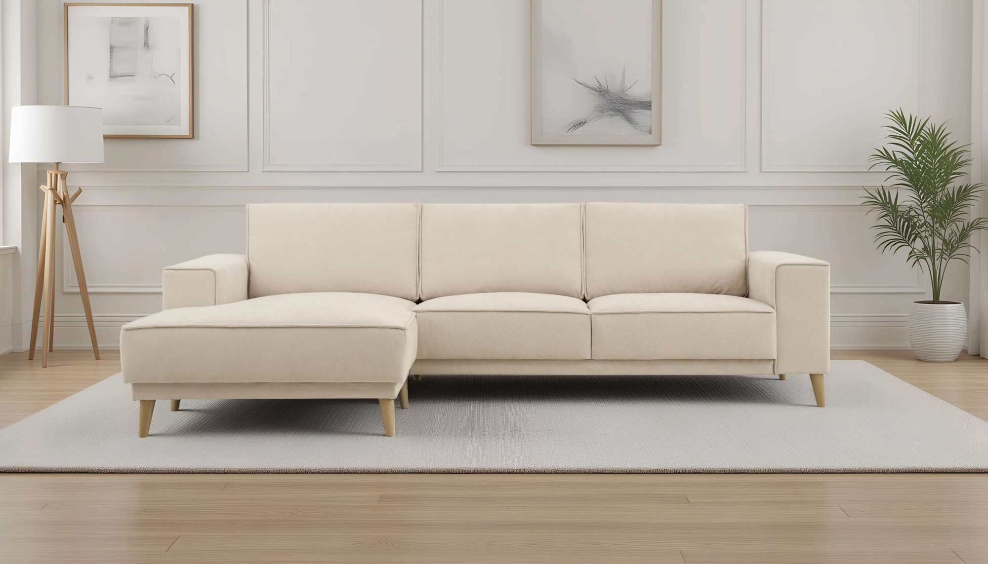 OTTO home Ecksofa "Oland Skandi, weicher Chenille-Stoff" L-Form, 280 cm, Wellenunterfederung, Skandi-Design, Massivholzfüße