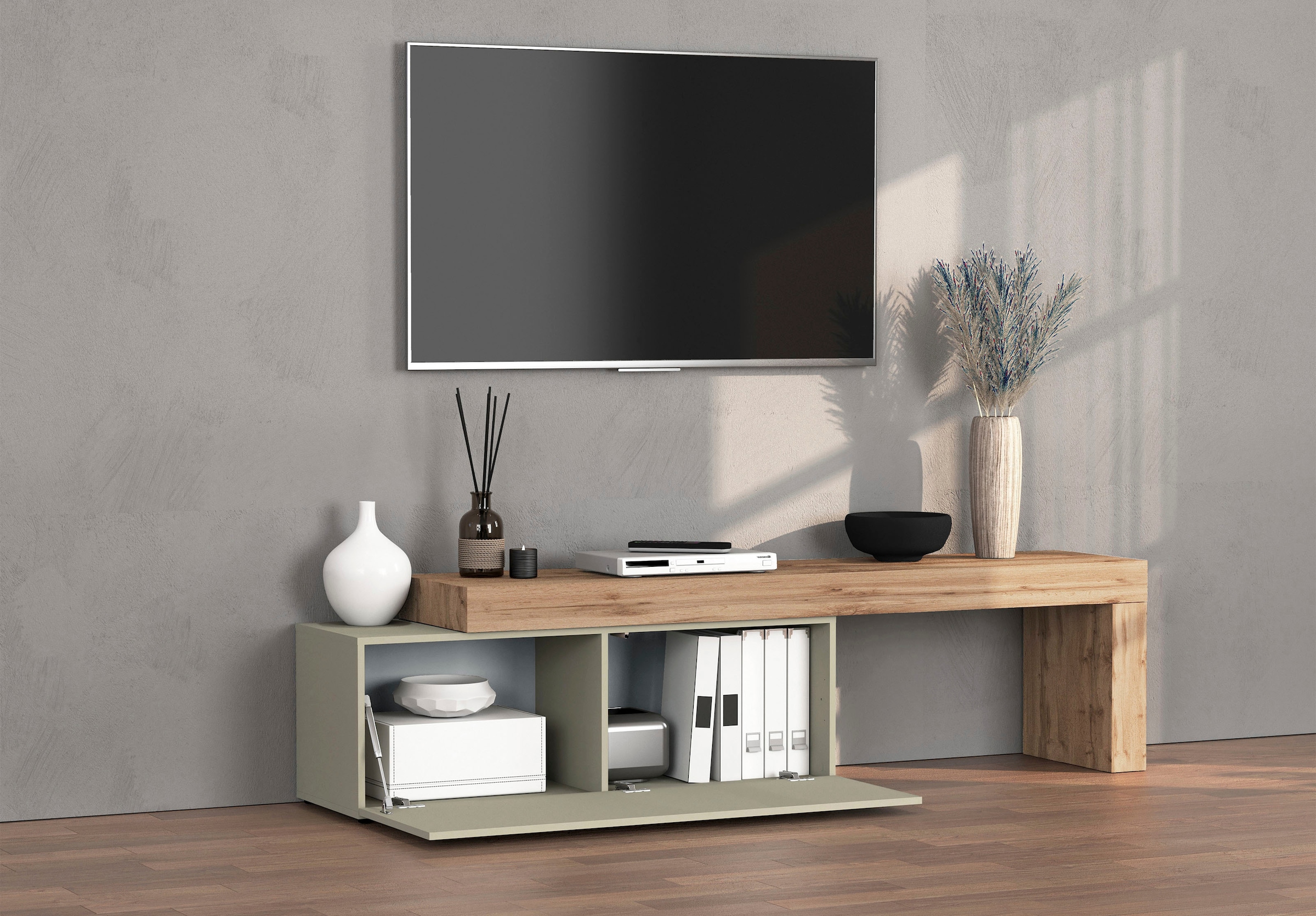 INOSIGN Lowboard »Chronos TV-Board, T-Schrank«, (1 St., Breite verstellbar von 180 bis 290 cm), Breite 240 cm TV-Board,Lowboard,1 Klappe und ein L-Förmiger Aufsatz