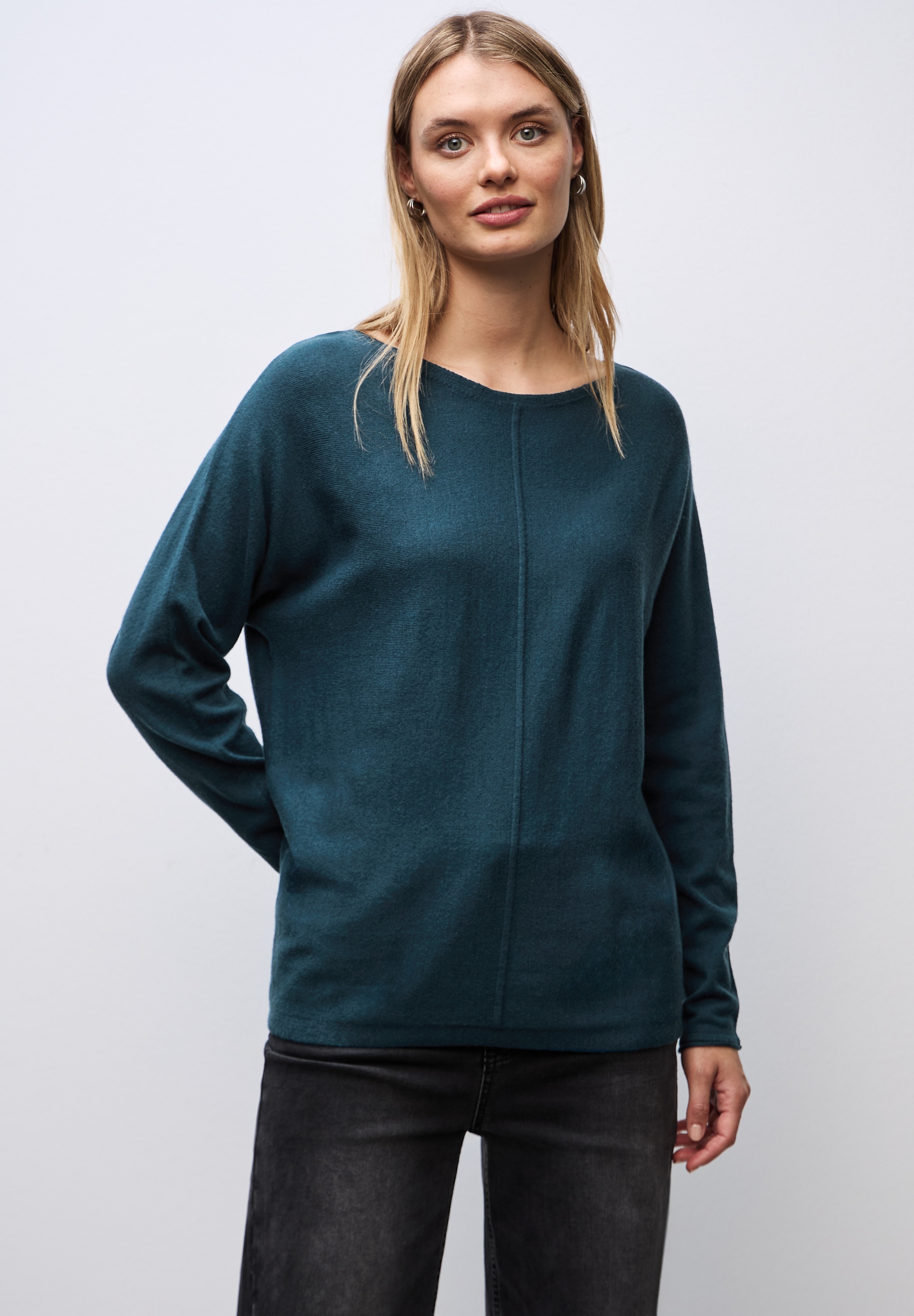 Rundhalspullover STREET ONE, Damen, Gr. 38, tide blau, Stoff, 30% Polyester, 29% Polyacryl, 21% Viskose, 20% Nylon, unifarben, normal normal, U-Boot-Ausschnitt, Rollsaum, Pullover Rundhalspullover, aus Feinstrick