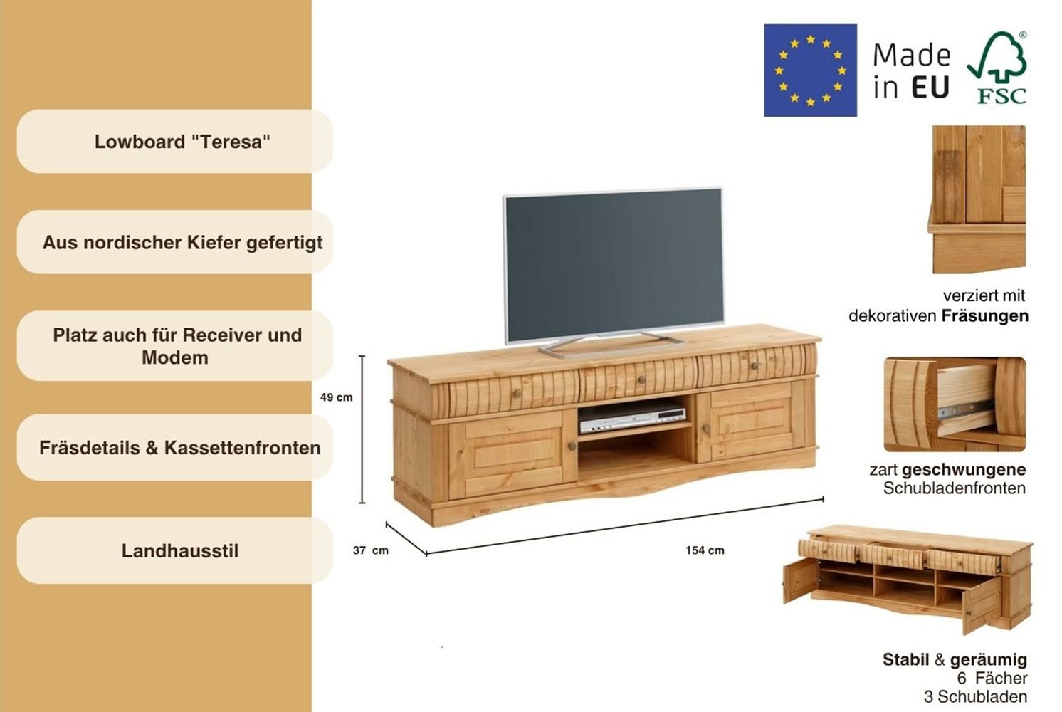 Home affaire Lowboard »Teresa«, (Maße (B/T/H): 154/37/49 cm), Kommode aus massiver Kiefer, Breite 154 cm