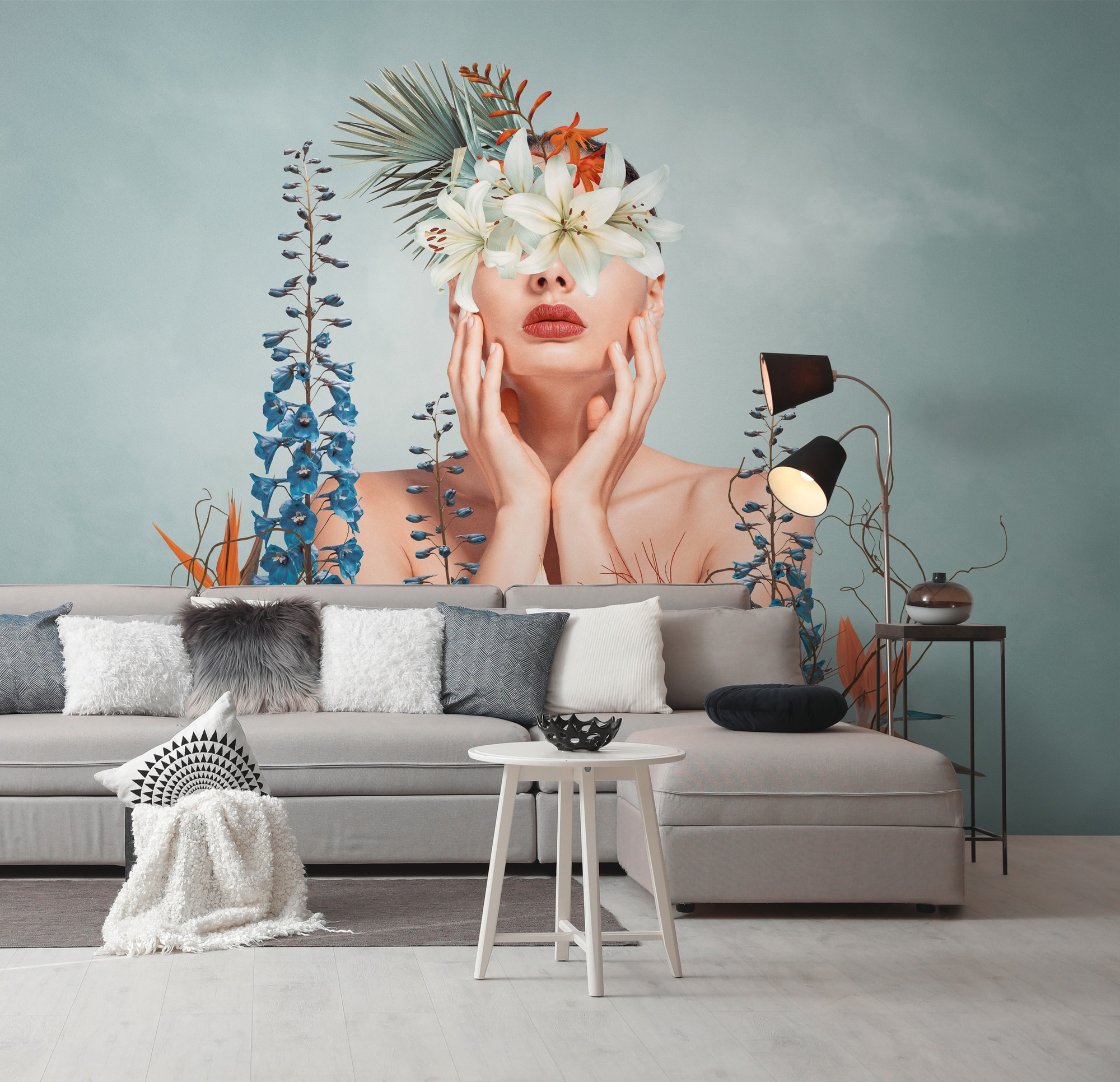 living walls Fototapete "THE WALL III Tapete mit Frau Motivtapete Floral Kunst" matt glatt Vliestapete Blumen für Schlafzimmer Küche Wohnzimmer Frau Design Flur