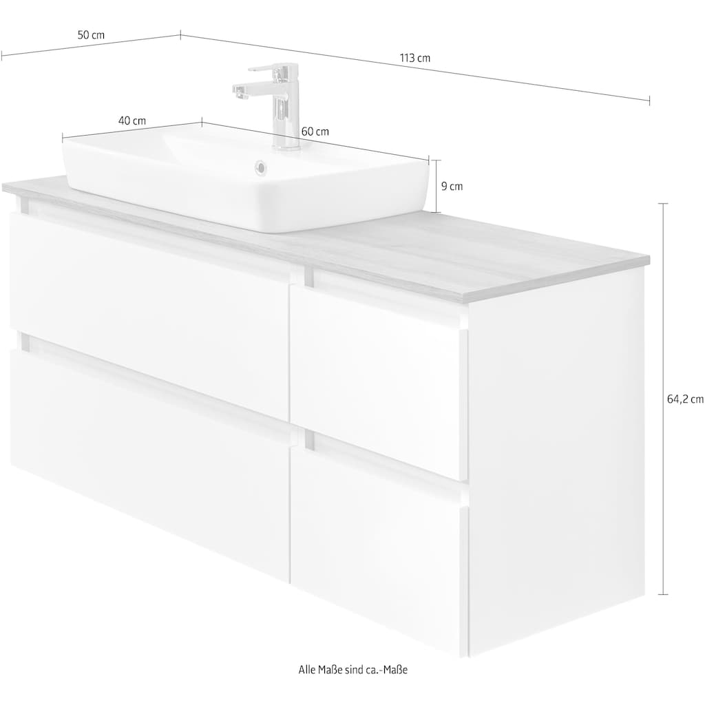 Saphir Waschtisch »Quickset 360 Waschplatz mit Keramik-Aufsatzbecken, wandhängend«, Waschtischplatte, 113 cm breit, Weiß Glanz, 4 Schubladen