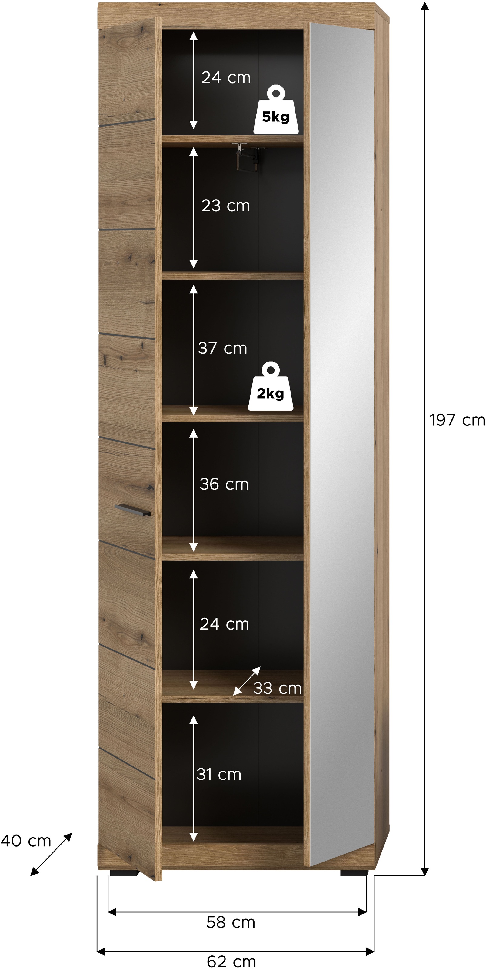 INOSIGN Garderobenschrank »Siena, Höhe 197cm, 2 Türen, 4 Einlegeböden, ausziehbare Kleiderstange«, (1 St.), Scout, Garderobenschrank Höhe 197 cm, 1 Spiegeltür, 6 Fächer