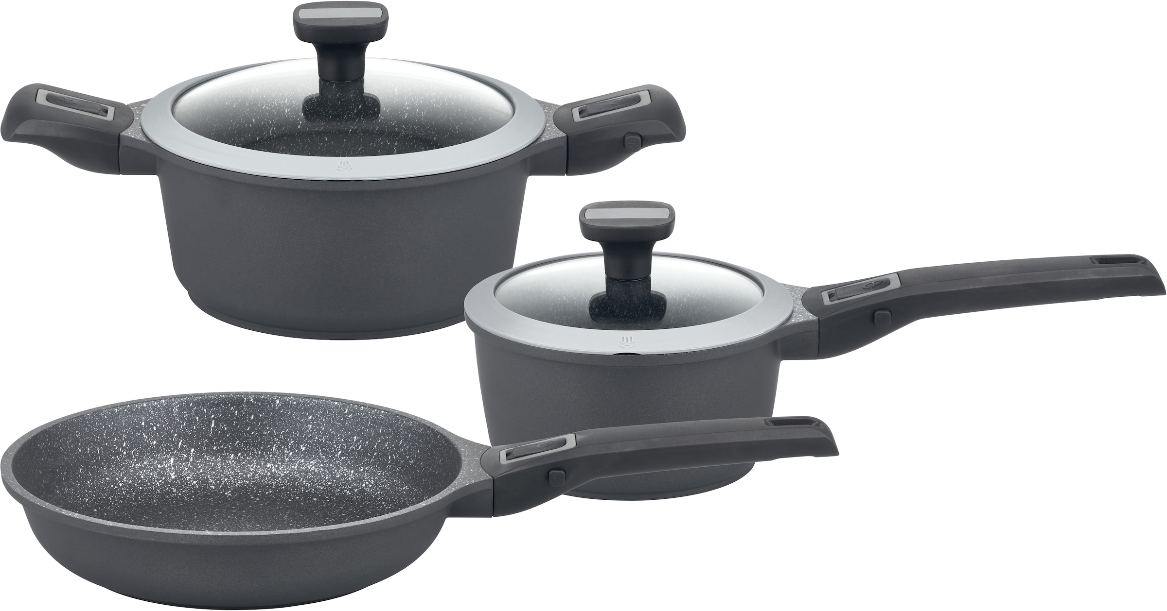 GSW Topf-Set »Easy Click« Set, 1x Kochtopf Ø 20 cm, 1x Stielkasserolle Ø 16 cm, 1x Bratpfanne Ø 24 cm, 5 Stk. tlg. Aluminiumguss