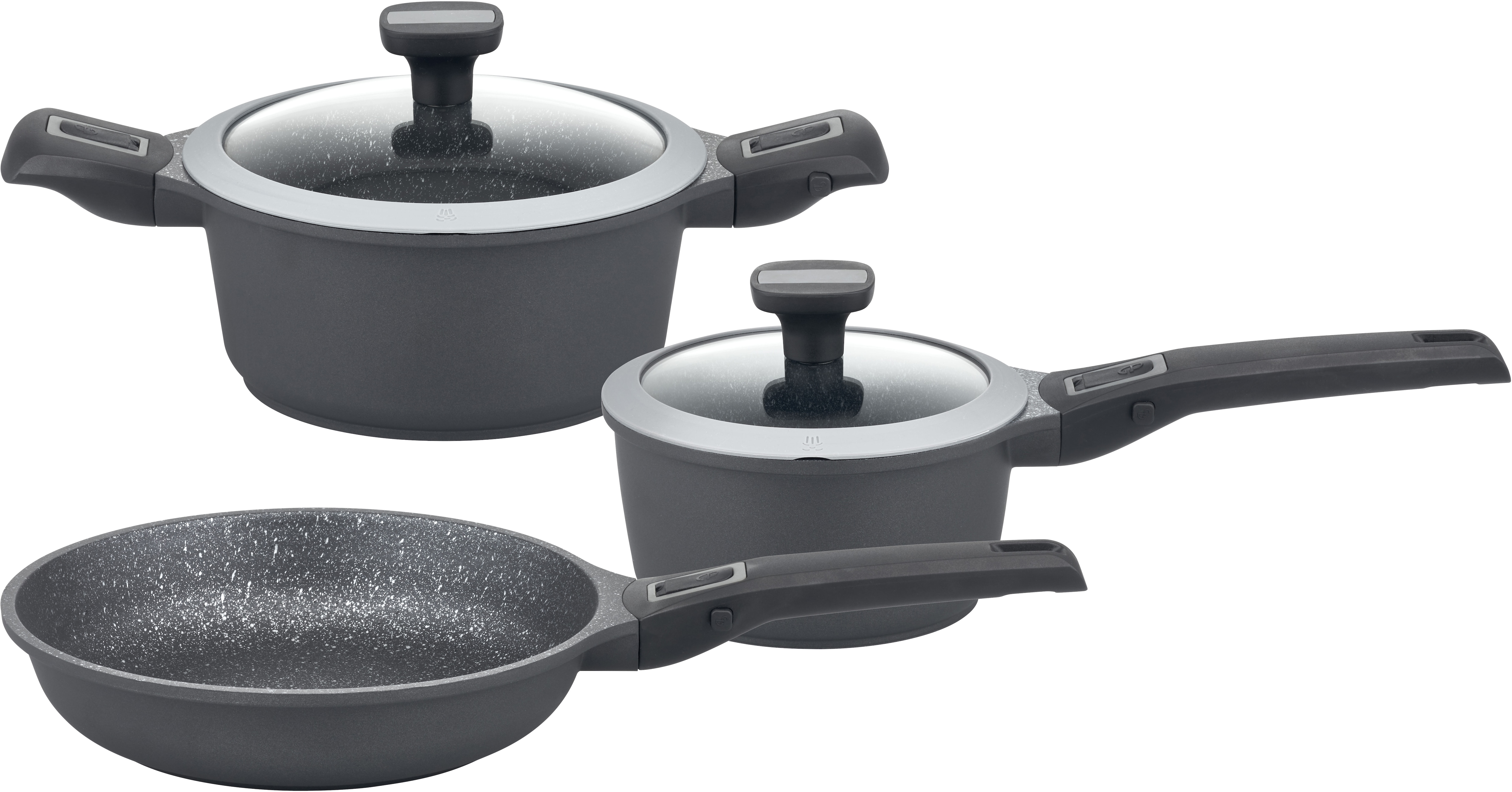 GSW Topf-Set "Easy Click" Set, 1x Kochtopf Ø 20 cm, 1x Stielkasserolle Ø 16 cm, 1x Bratpfanne Ø 24 cm, 5 Stk. tlg. Aluminiumguss