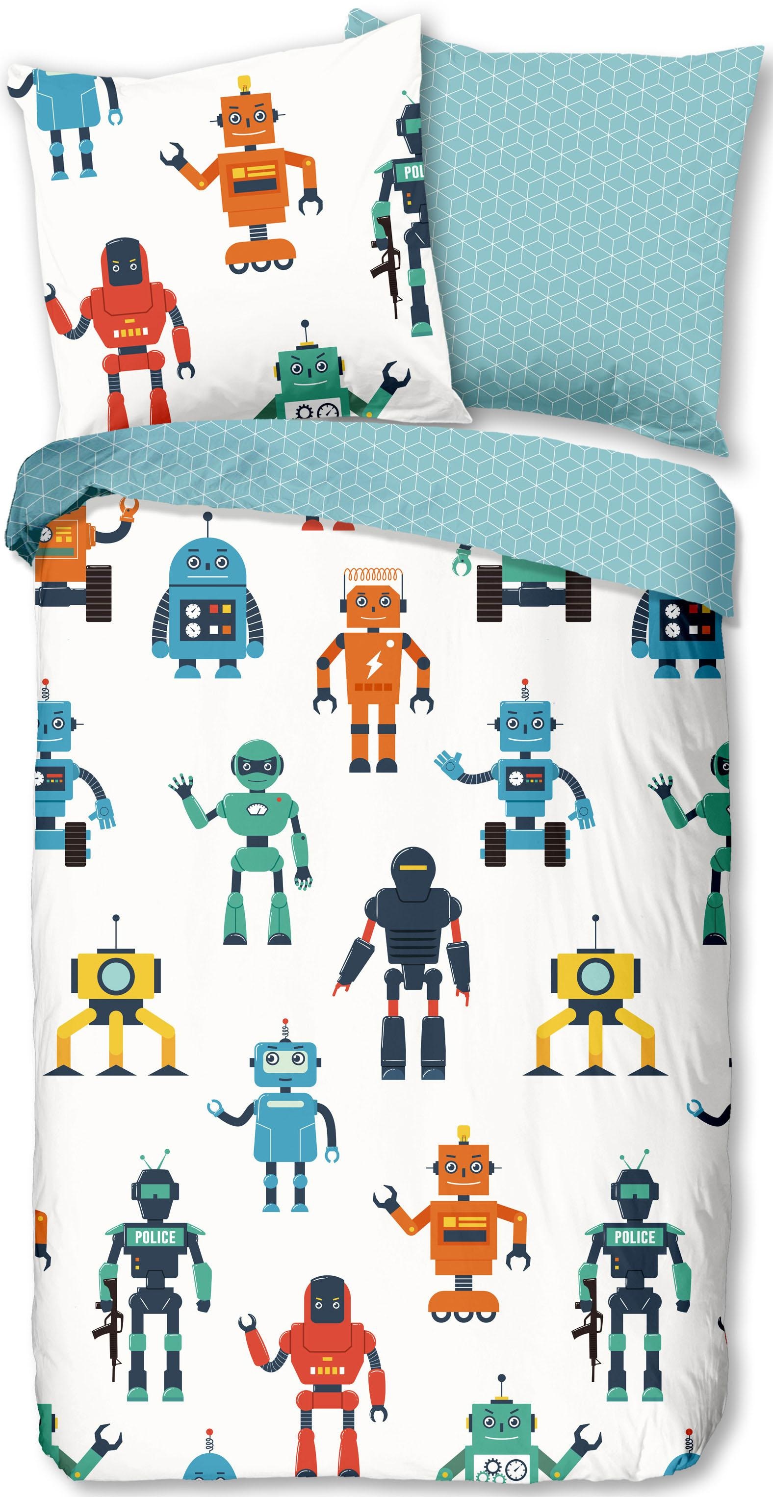 good morning Wendebettwäsche »Robots«, Baumwolle, 135x200, Reißverschluss, Wendeoptik, Kind, Junge, Roboter