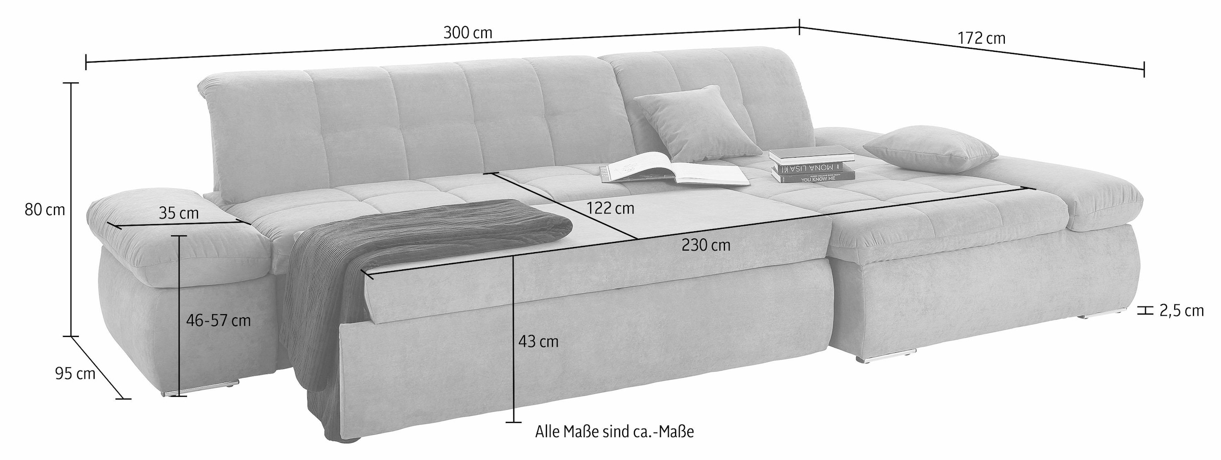 DOMO collection Ecksofa »NMoric XXL, B/T/H: 300/172/80cm, L-Form«, wahlweise mit Bettfunktion und Armlehnverstellung