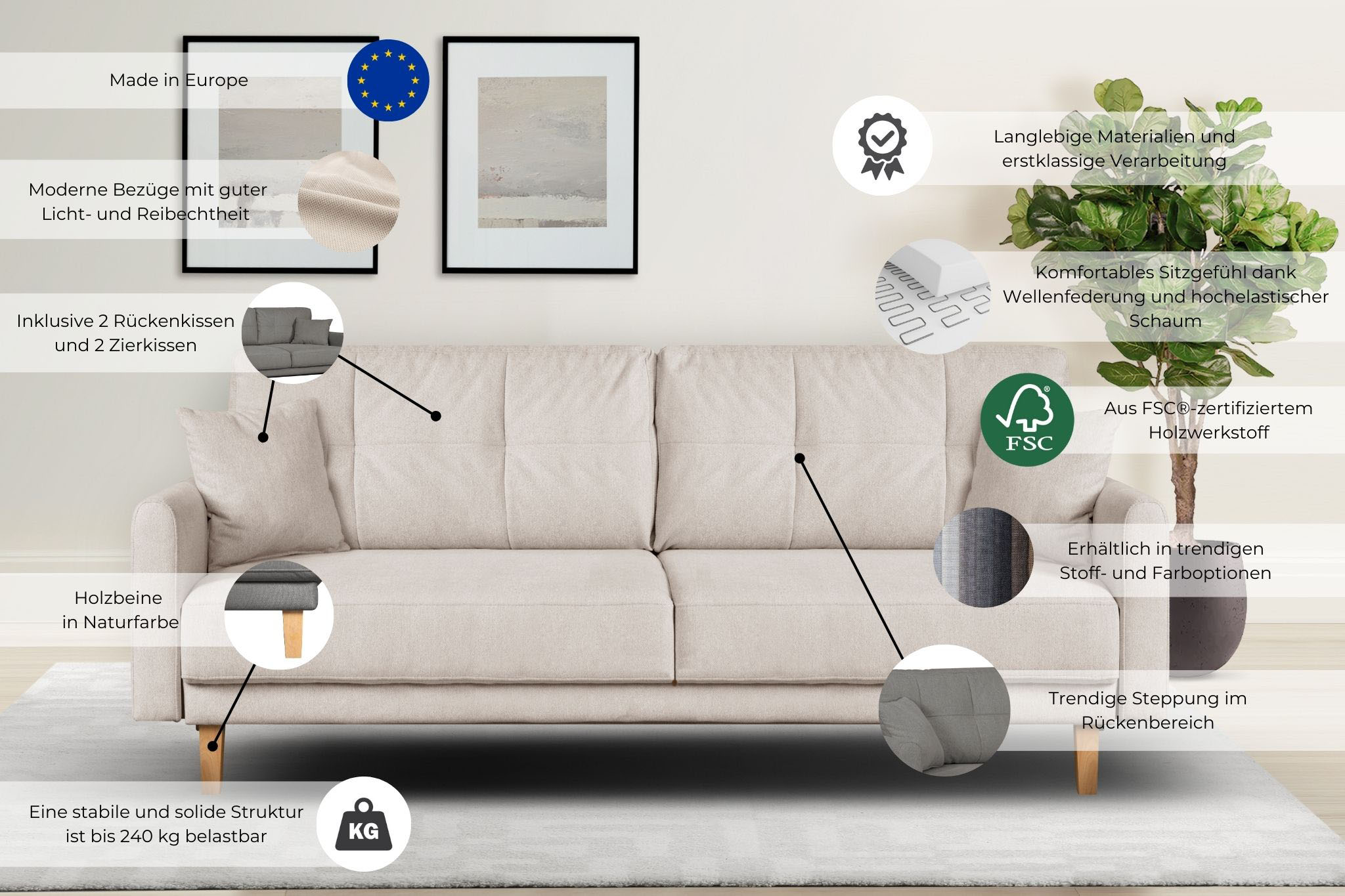 Thumbnail - Home affaire 2-Sitzer "TRIPLO mit Wellenunterfederung, Maße B/T/H: 165/100/89 cm", Sofa mit Steppung im Rückenbereich, i...