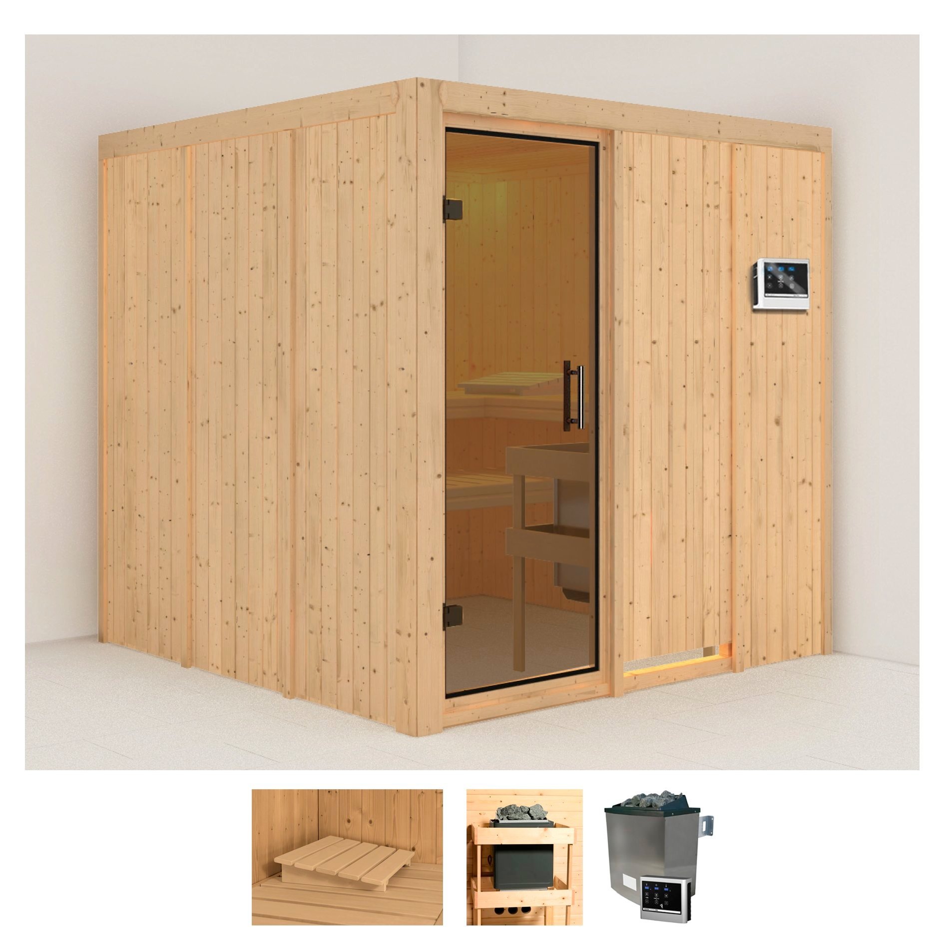 Karibu Sauna "Rodin" Set, Ofen 9 KW externe Strg easy