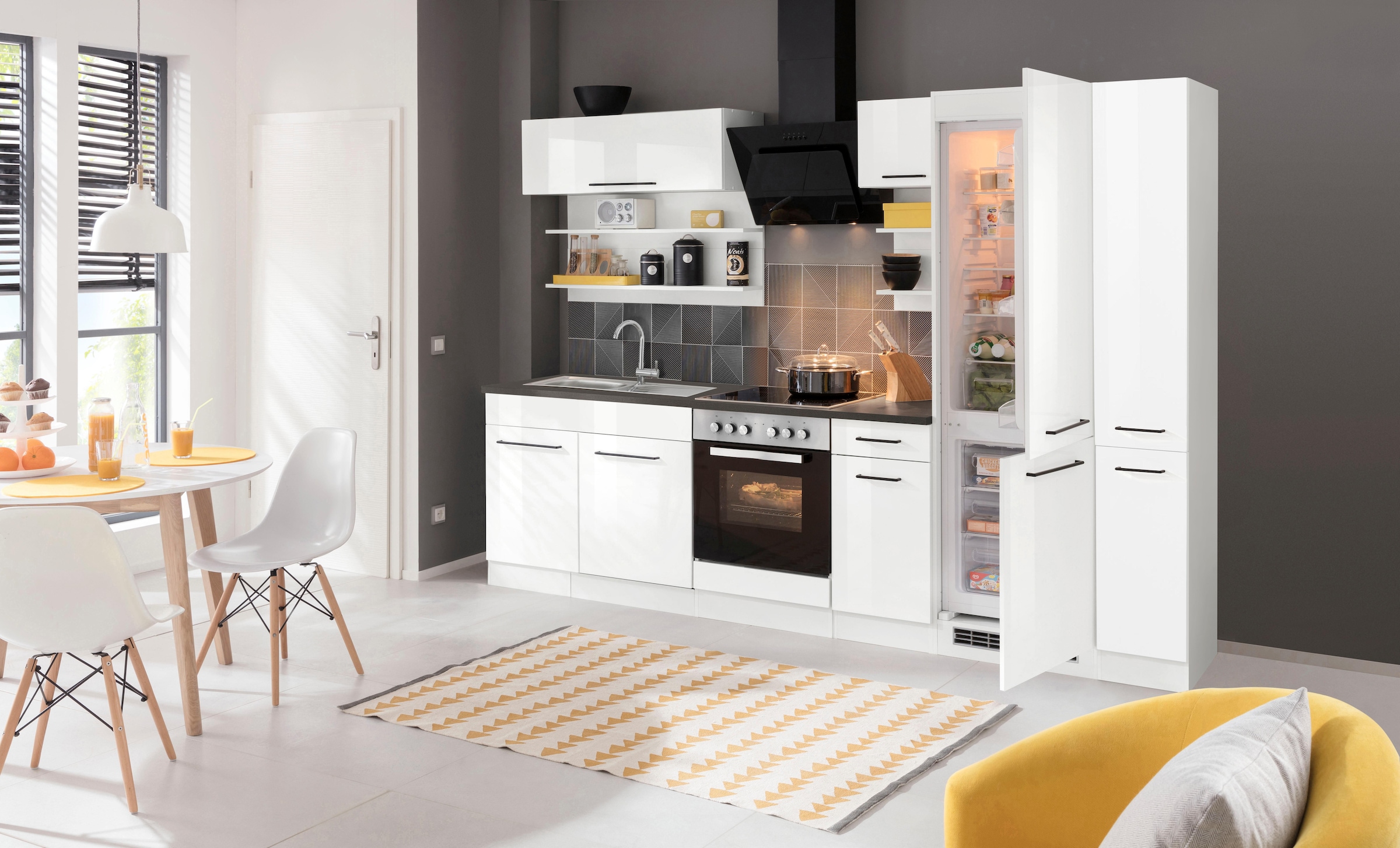 KOCHSTATION Küchenzeile »KS-Tulsa«, ohne E-Geräte, Breite 300 cm, schwarze Metallgriffe, MDF Fronten