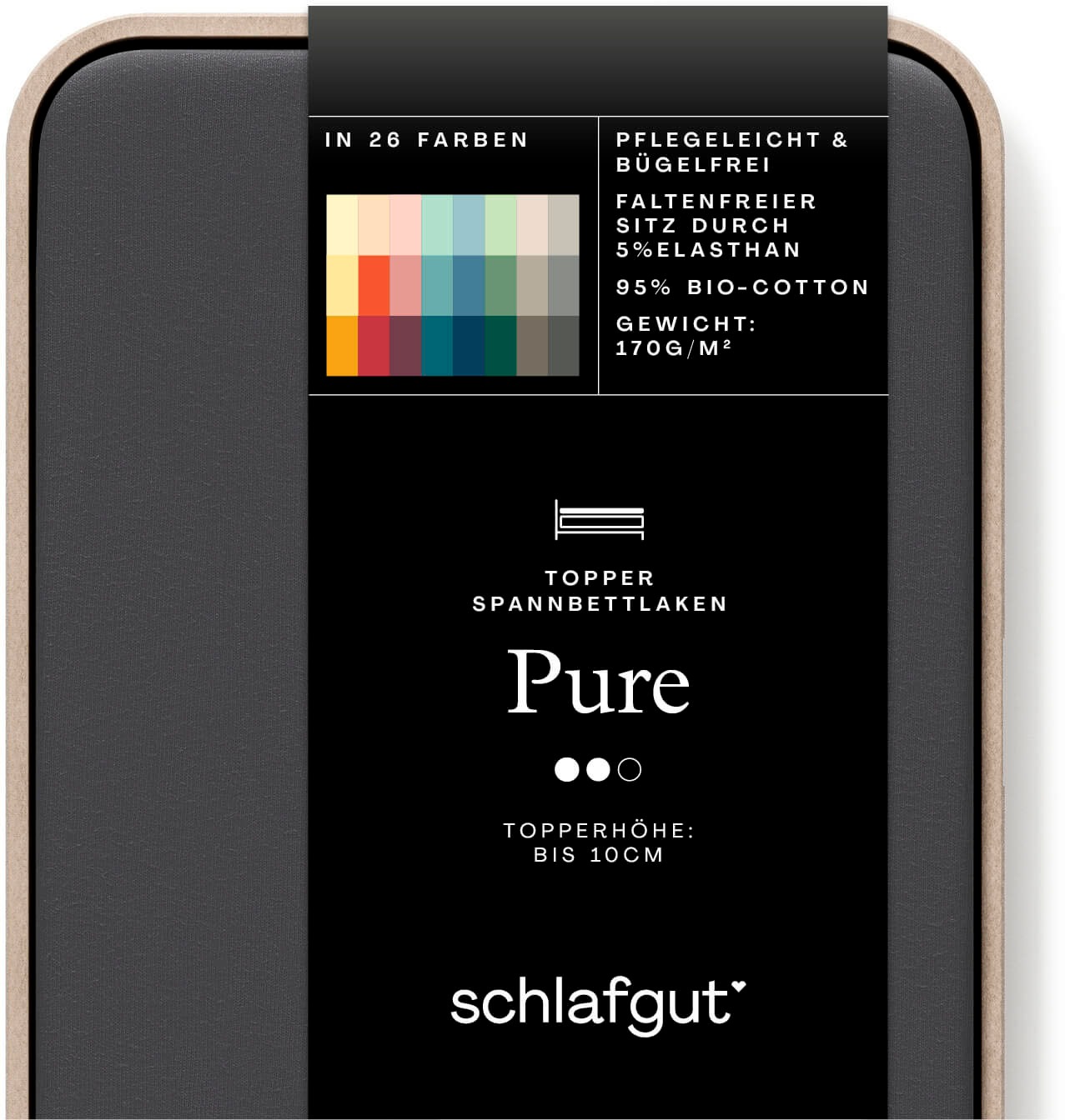 Schlafgut Spannbettlaken "PURE TOPPER Bio-Baumwolle mit Elasthan 170 g/m² für Topper bis 10 cm" PREMIUM Laken für Matratzen bis 10 cm Höhe, dehnbar, blickdicht